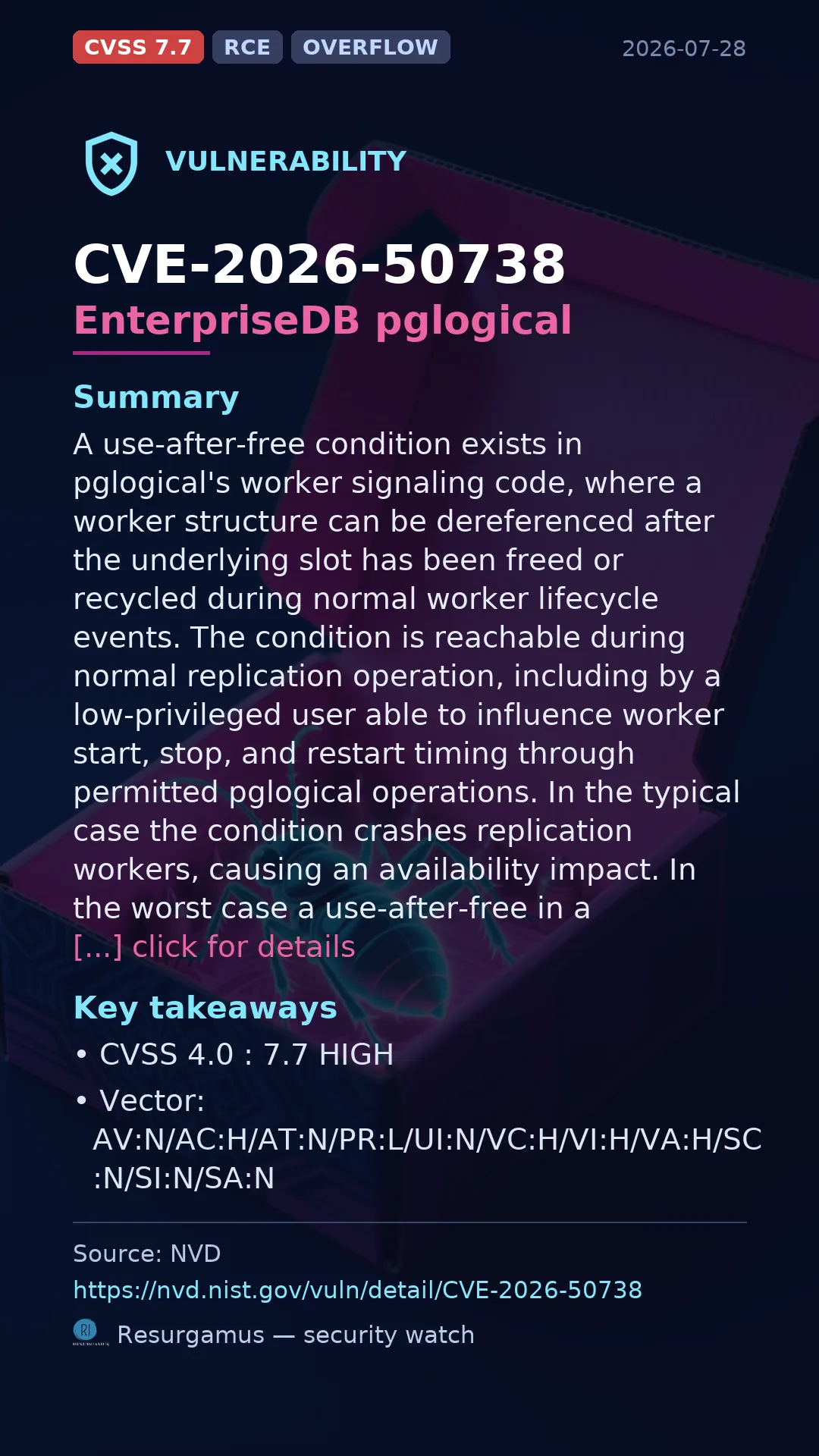 CVE-2026-50738 EnterpriseDB pglogical Vulnerability
