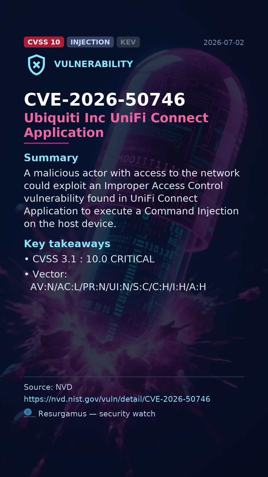 CVE-2026-50746 Ubiquiti Inc UniFi Connect Application Vulnerability