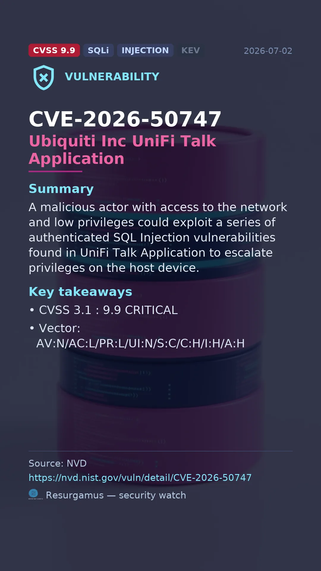 CVE-2026-50747 Ubiquiti Inc UniFi Talk Application Vulnerability