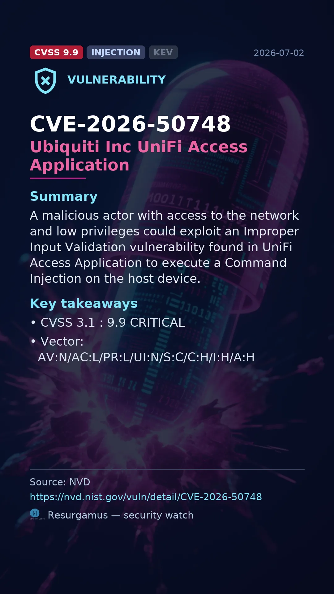 CVE-2026-50748 Ubiquiti Inc UniFi Access Application Vulnerability