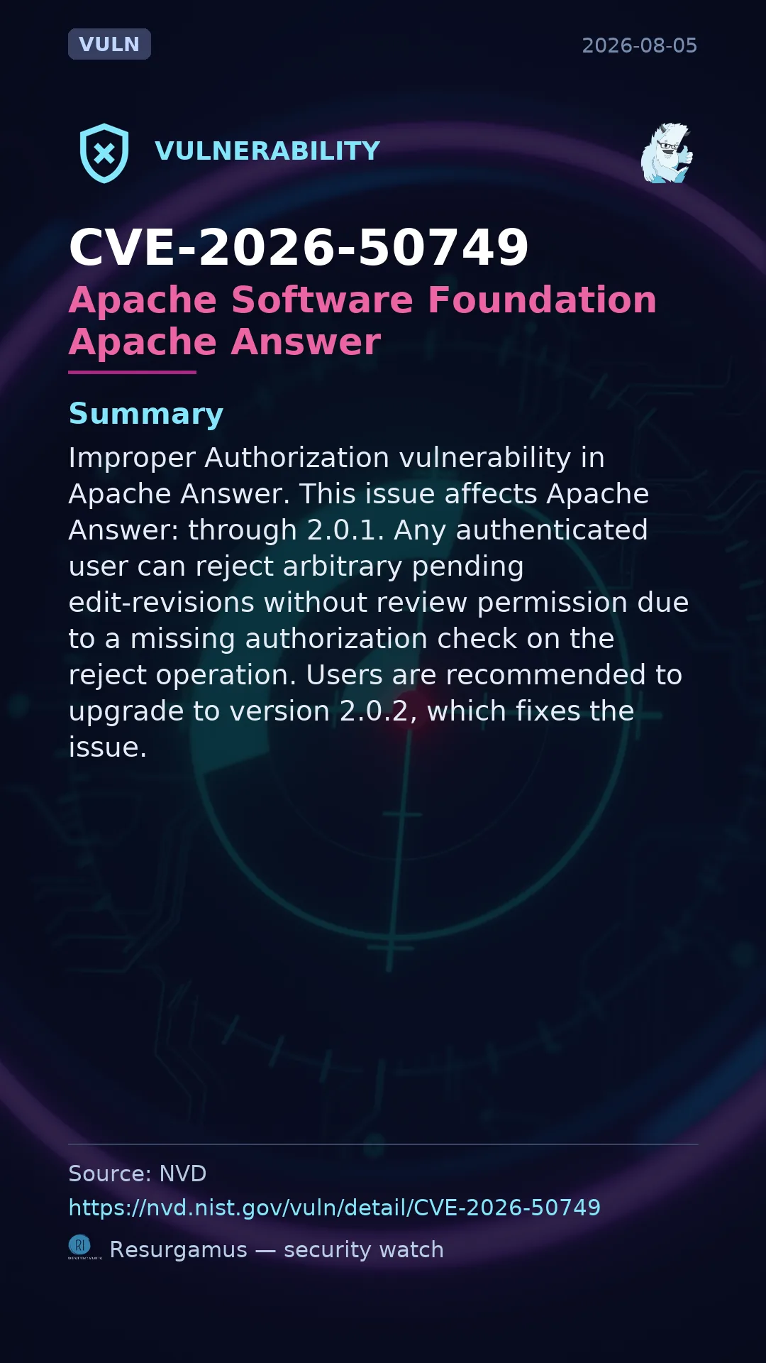 CVE-2026-50749 Apache Software Foundation Apache Answer Vulnerability