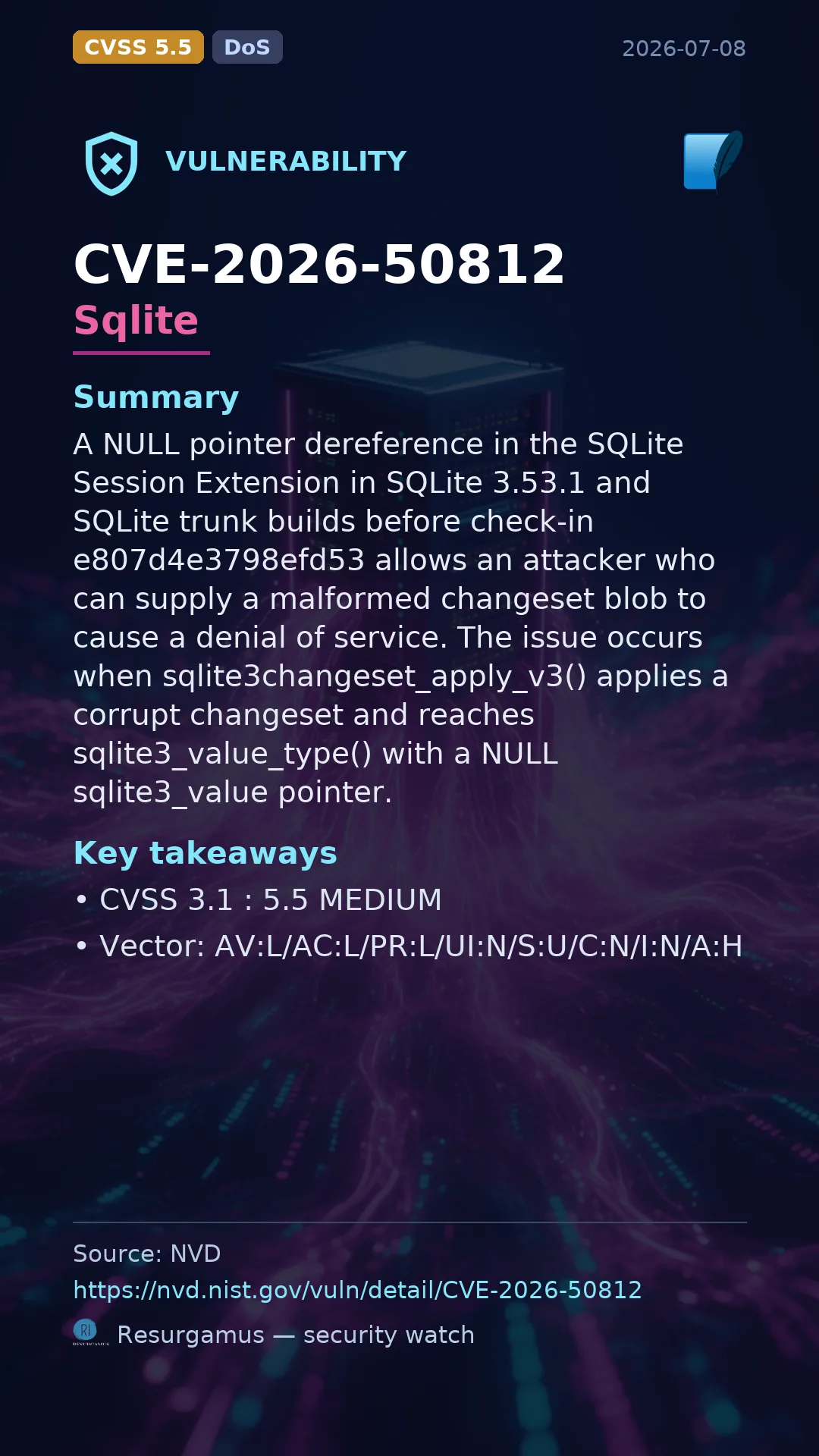 CVE-2026-50812 Sqlite Vulnerability