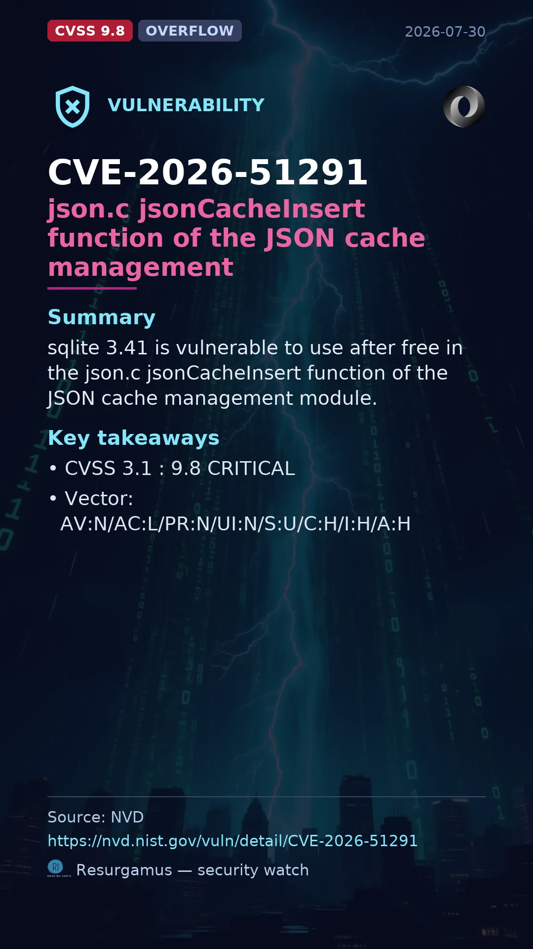 CVE-2026-51291 json.c jsonCacheInsert function of the JSON cache management Vulnerability