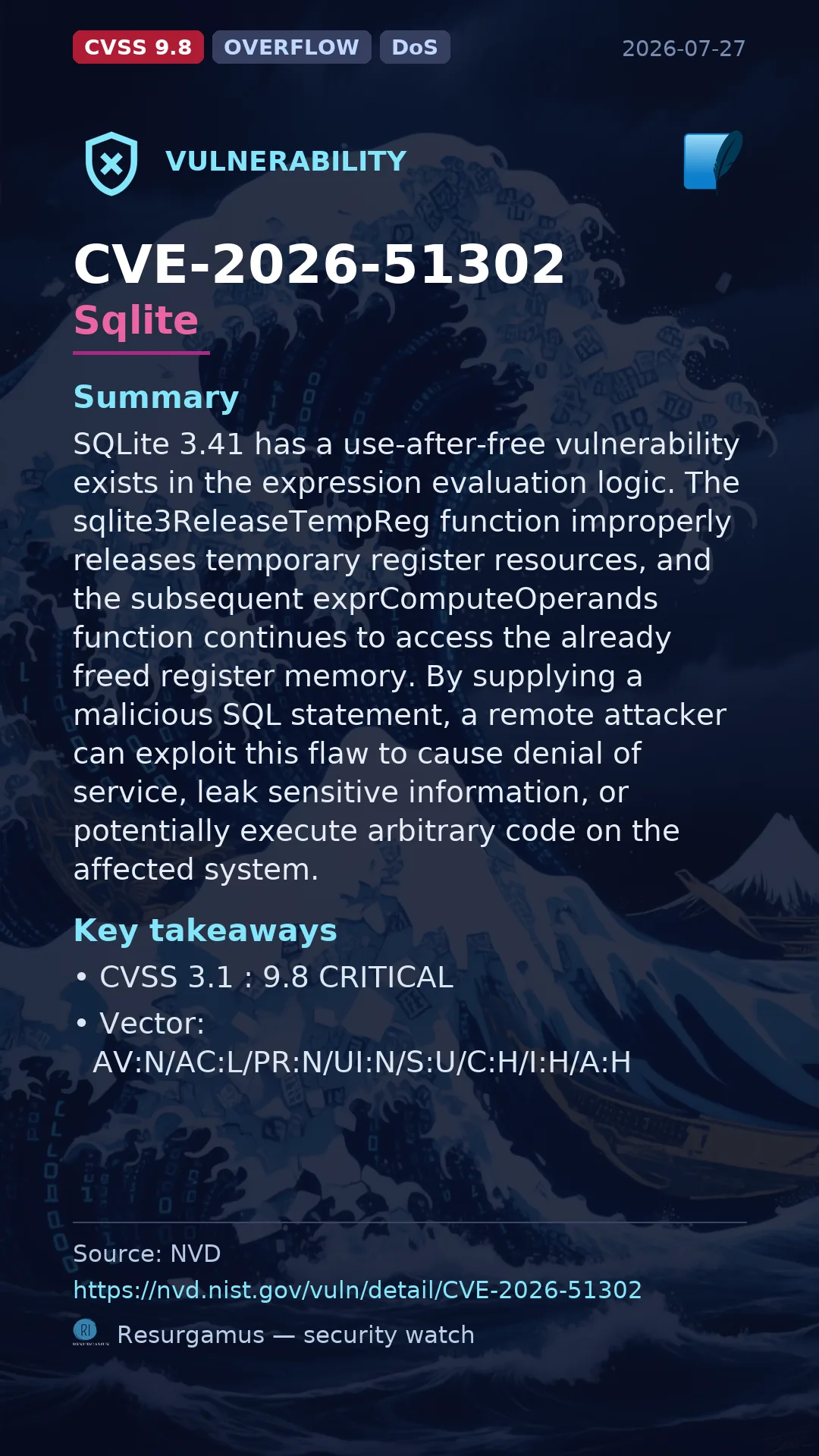 CVE-2026-51302 Sqlite Vulnerability
