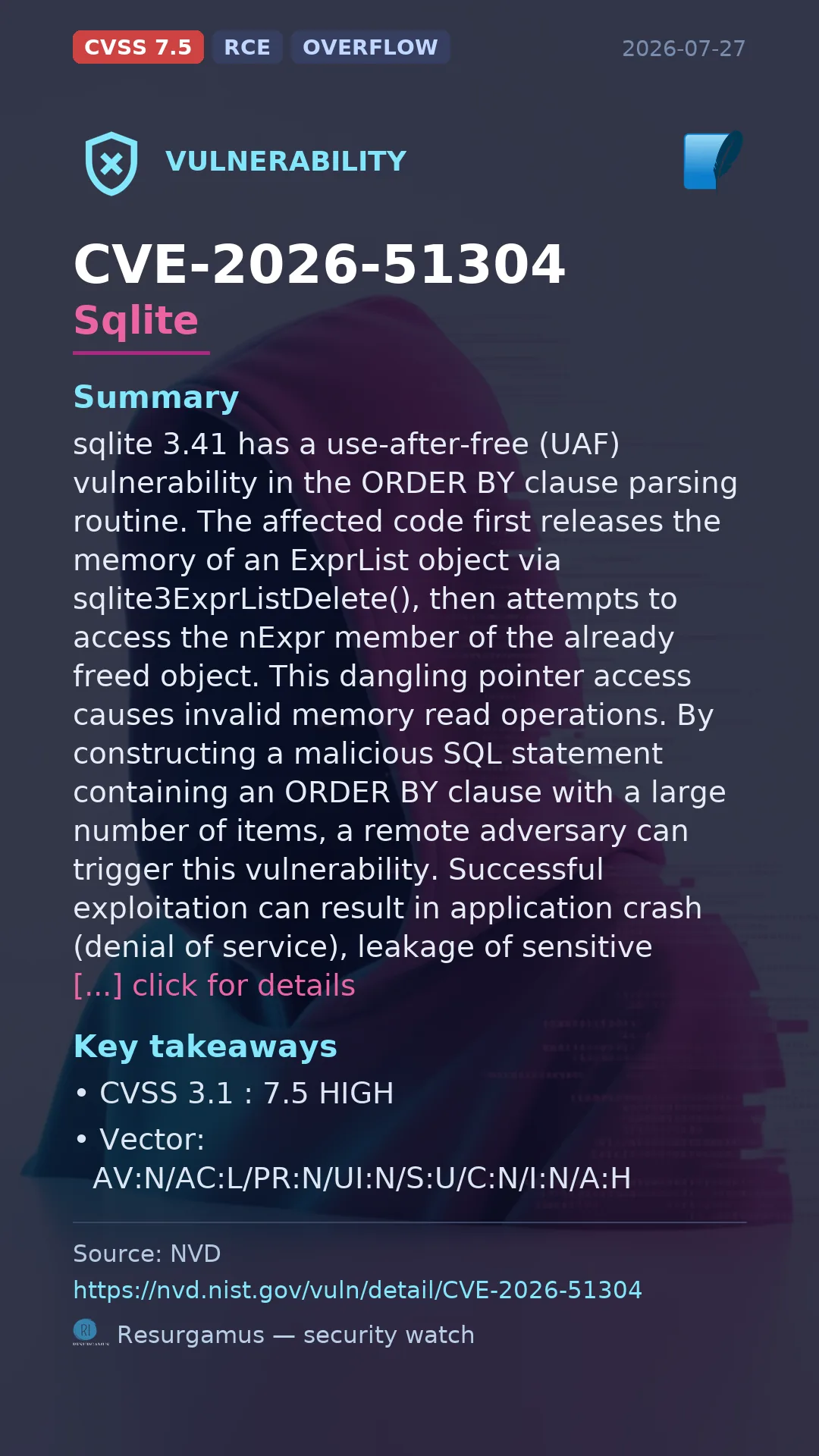 CVE-2026-51304 Sqlite Vulnerability