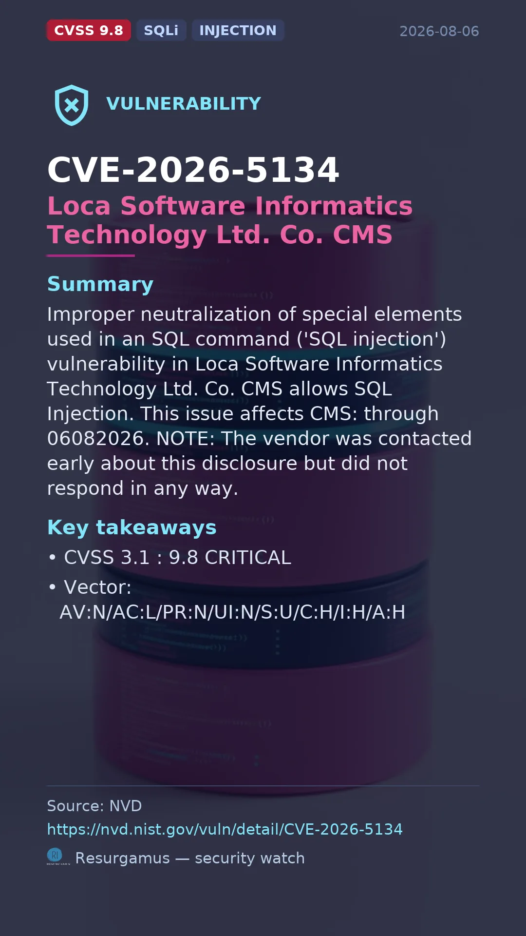CVE-2026-5134 Loca Software Informatics Technology Ltd. Co. CMS Vulnerability