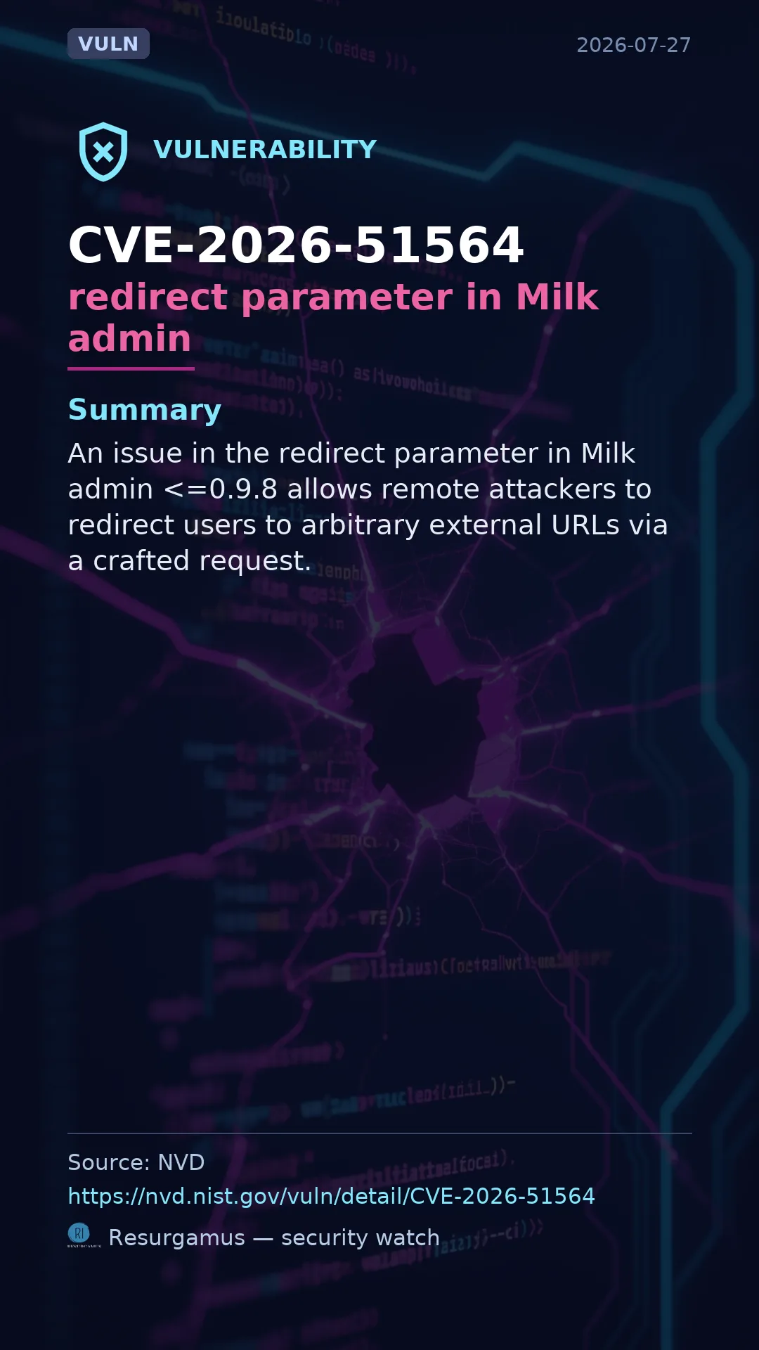 CVE-2026-51564 redirect parameter in Milk admin Vulnerability