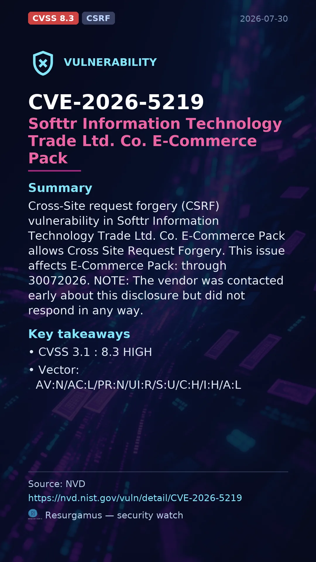 CVE-2026-5219 Softtr Information Technology Trade Ltd. Co. E-Commerce Pack Vulnerability