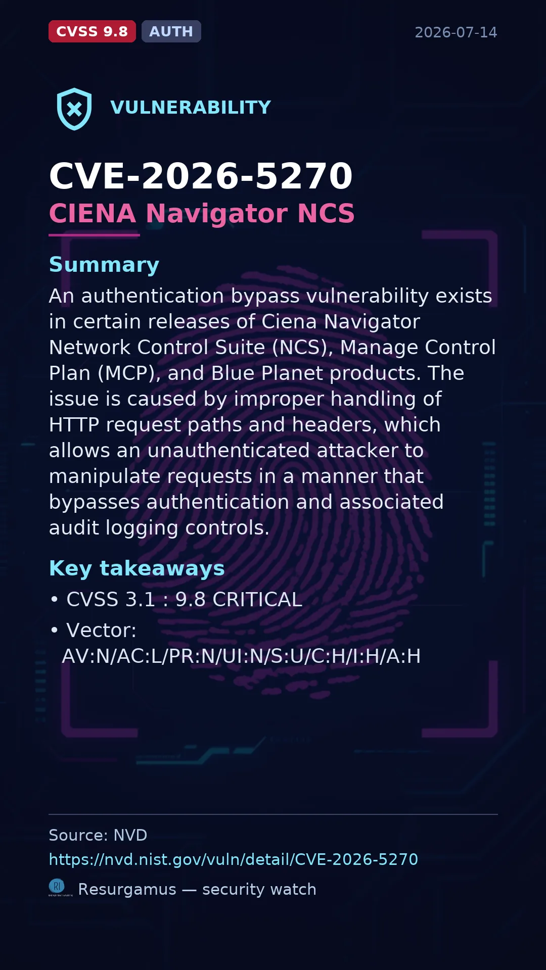 CVE-2026-5270 CIENA Navigator NCS Vulnerability