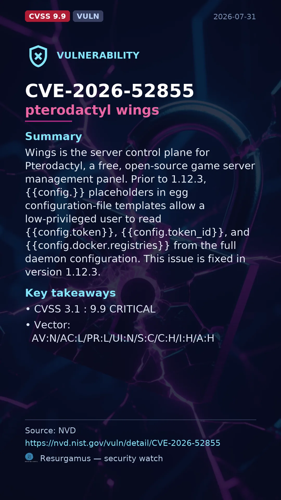 CVE-2026-52855 pterodactyl wings Vulnerability