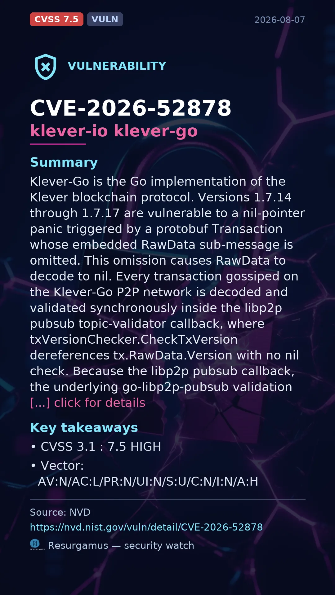 CVE-2026-52878 klever-io klever-go Vulnerability
