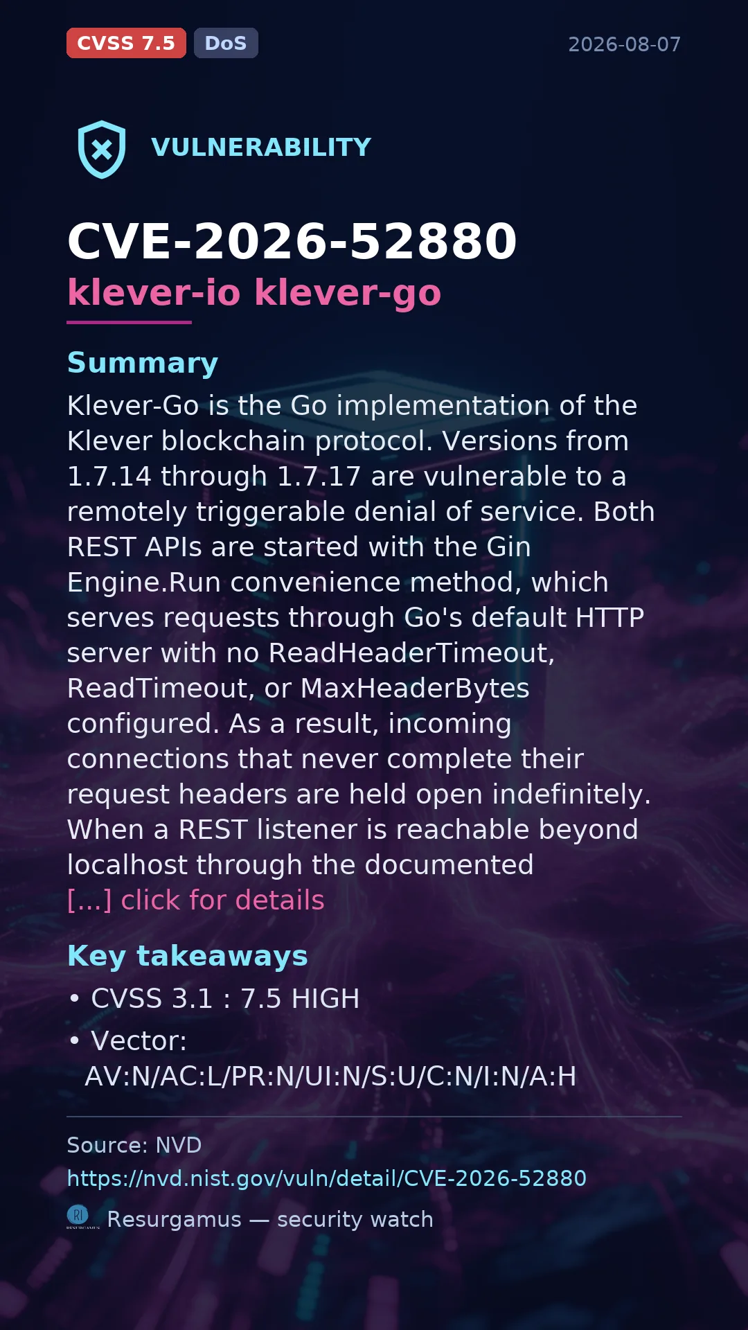 CVE-2026-52880 klever-io klever-go Vulnerability