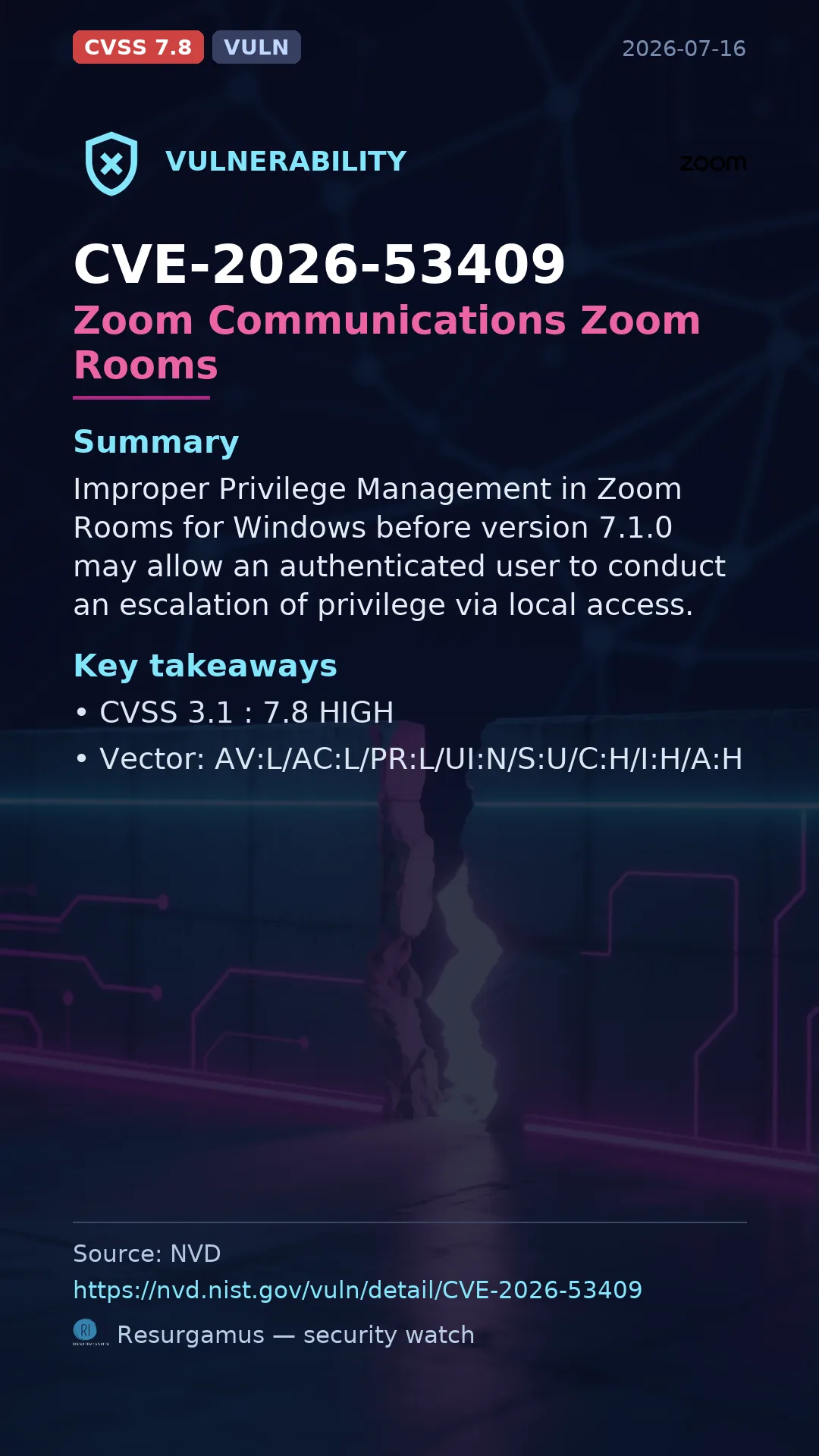 CVE-2026-53409 Zoom Communications Zoom Rooms Vulnerability