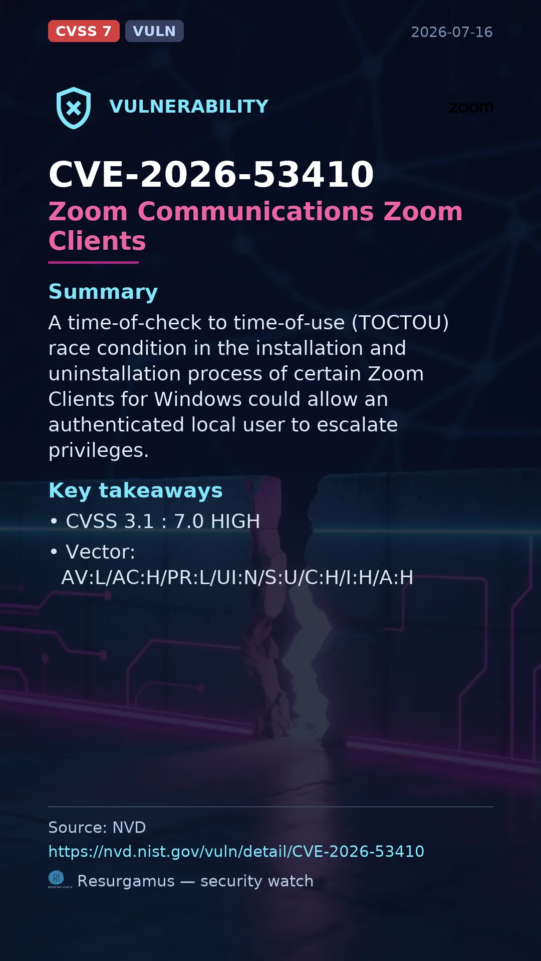 CVE-2026-53410 Zoom Communications Zoom Clients Vulnerability