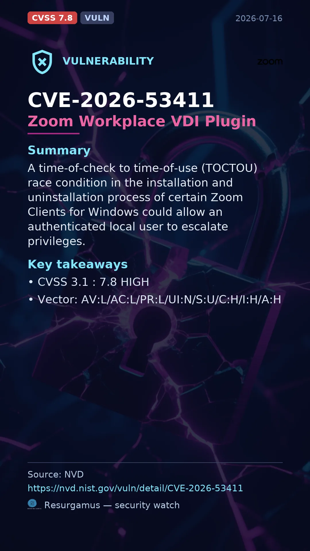 CVE-2026-53411 Zoom Workplace VDI Plugin Vulnerability