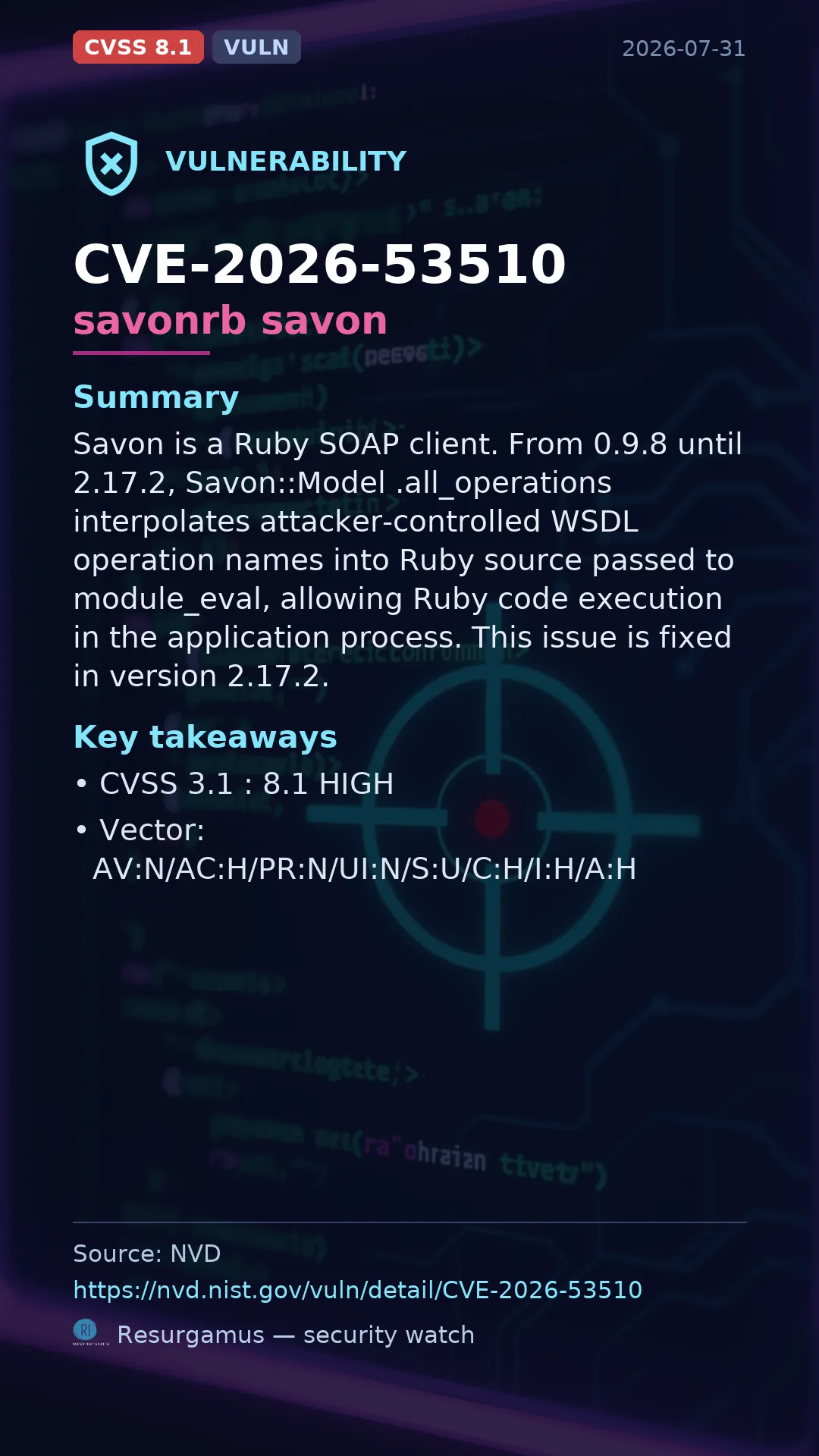 CVE-2026-53510 savonrb savon Vulnerability