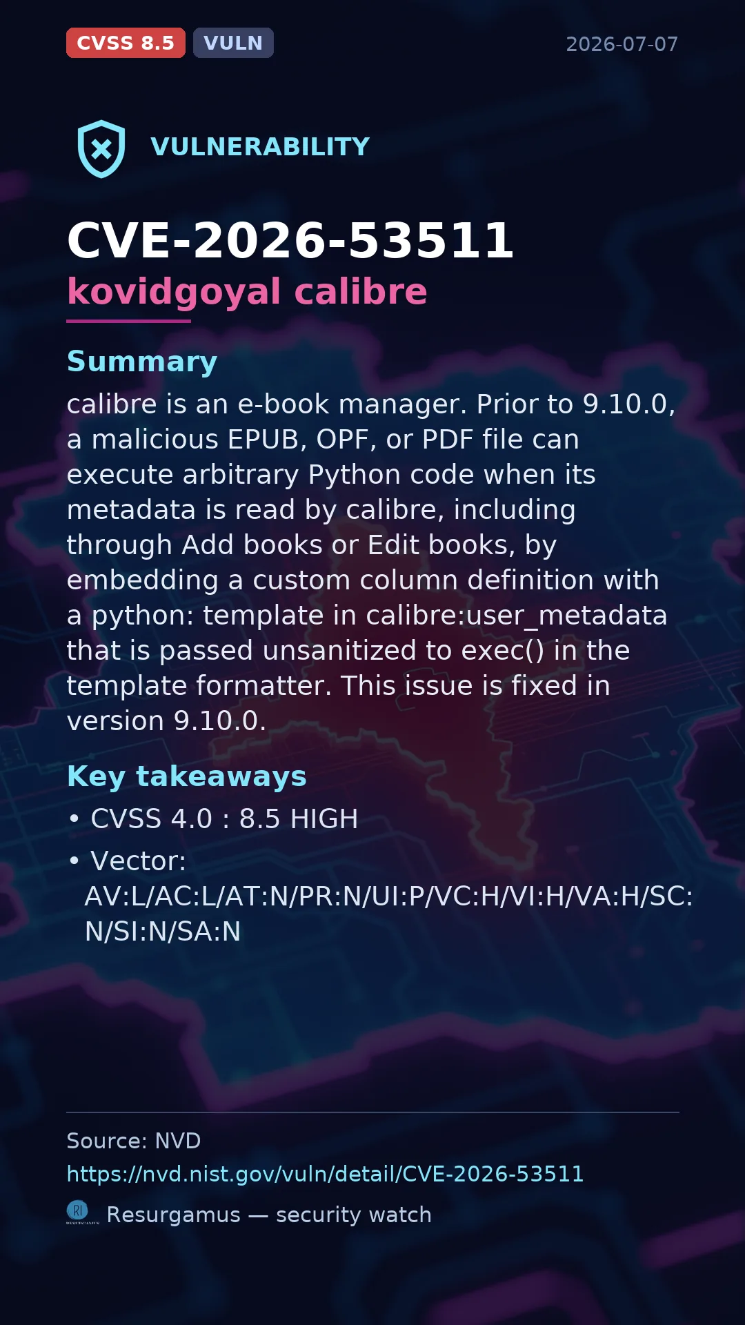 CVE-2026-53511 kovidgoyal calibre Vulnerability