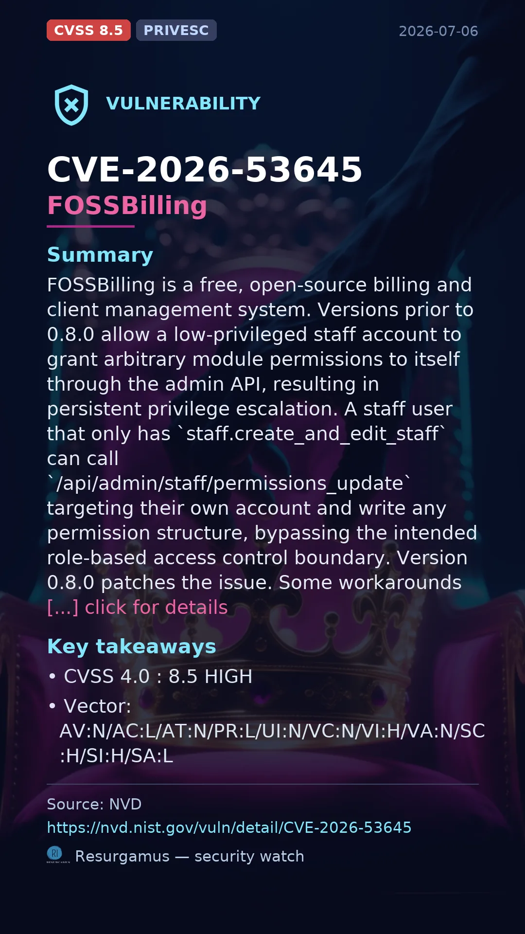 CVE-2026-53645 FOSSBilling Vulnerability