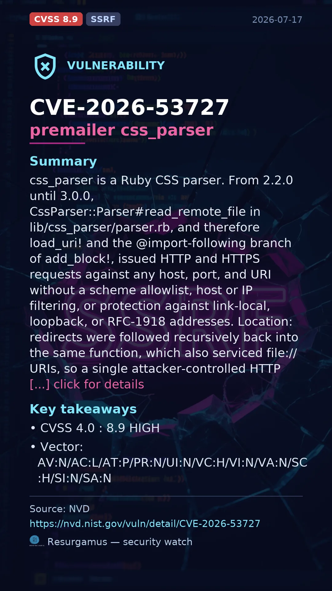 CVE-2026-53727 premailer css_parser Vulnerability