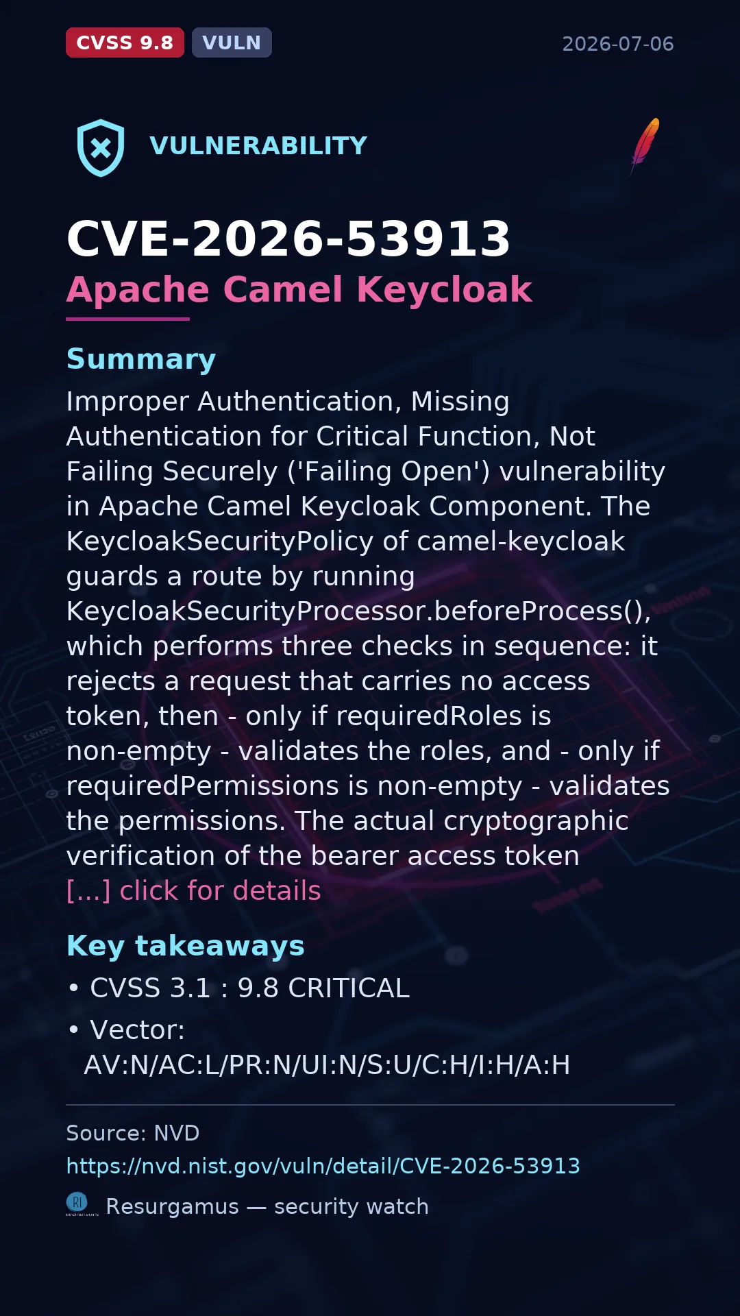 CVE-2026-53913 Apache Camel Keycloak Vulnerability