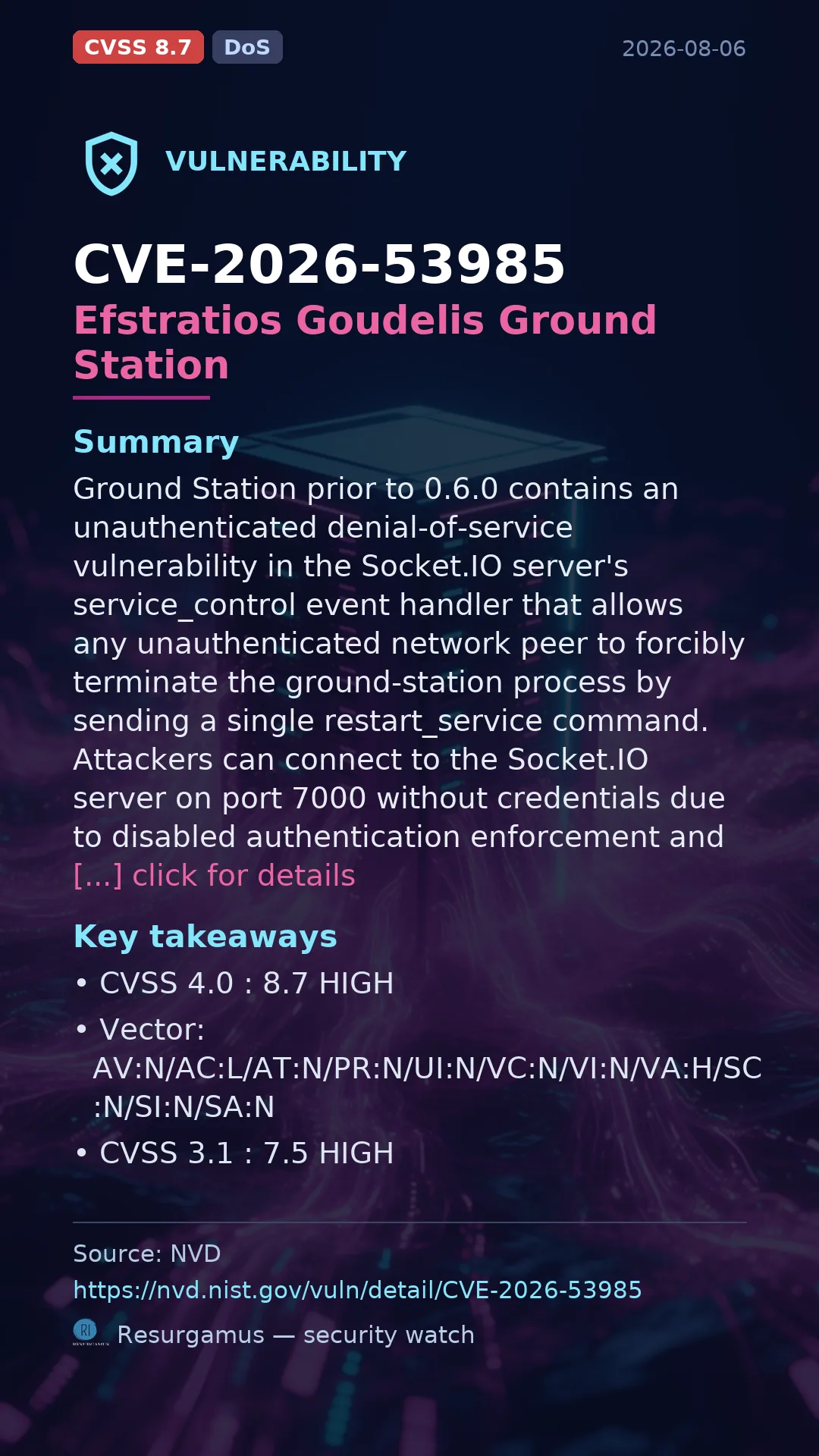 CVE-2026-53985 Efstratios Goudelis Ground Station Vulnerability