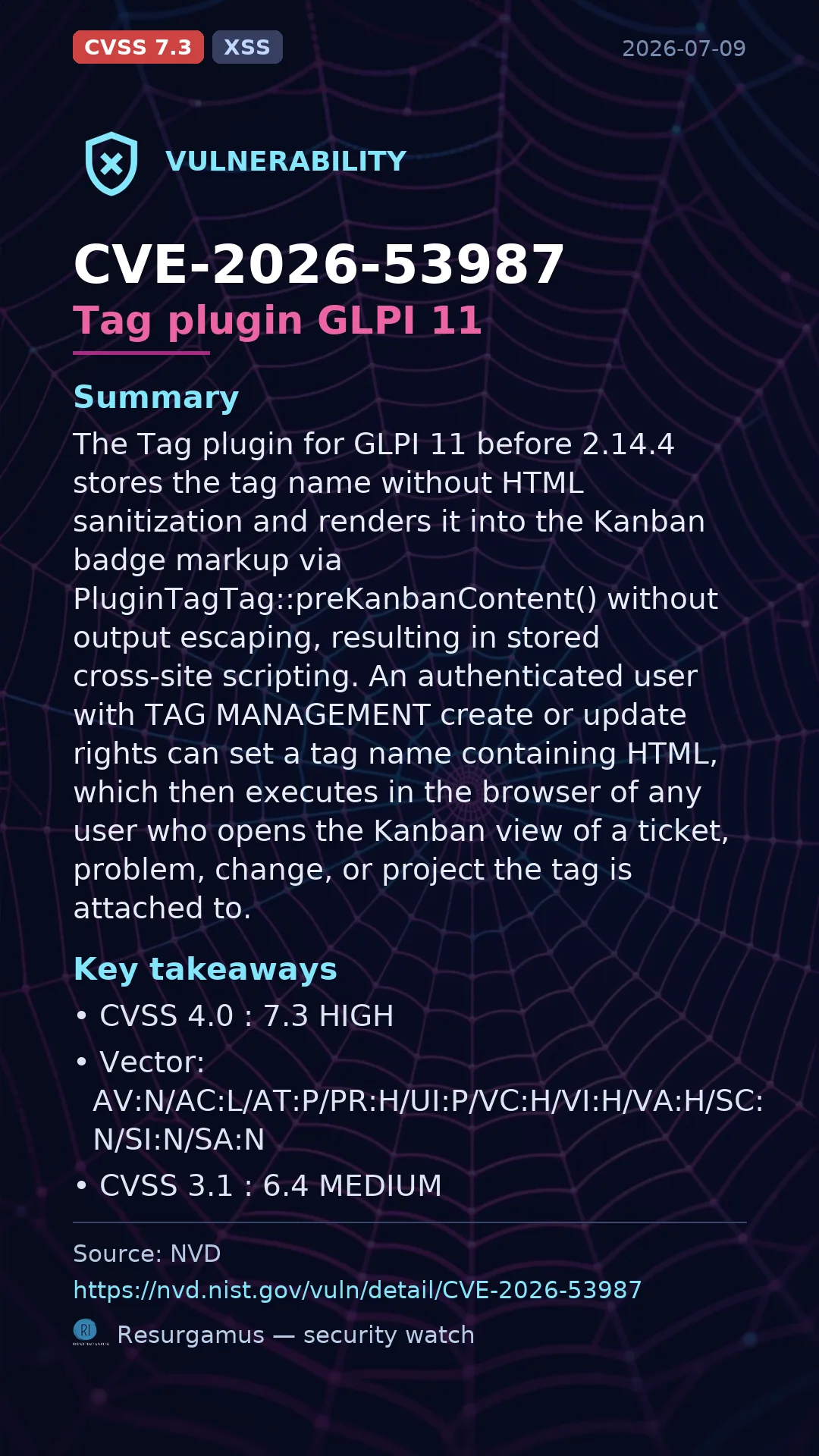 CVE-2026-53987 Tag plugin GLPI 11 Vulnerability