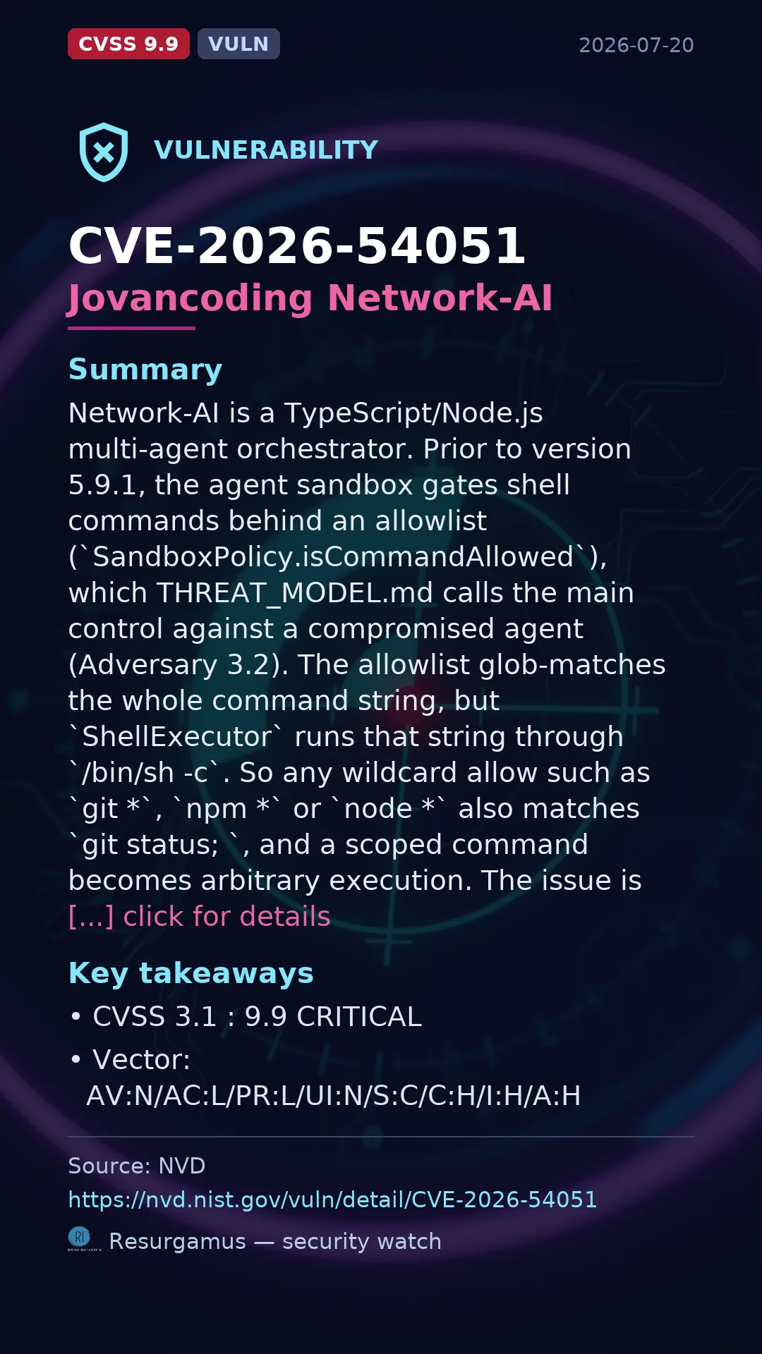 CVE-2026-54051 Jovancoding Network-AI Vulnerability