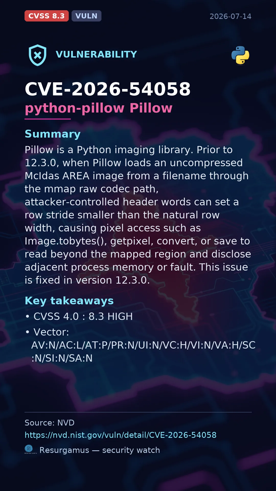 CVE-2026-54058 python-pillow Pillow Vulnerability