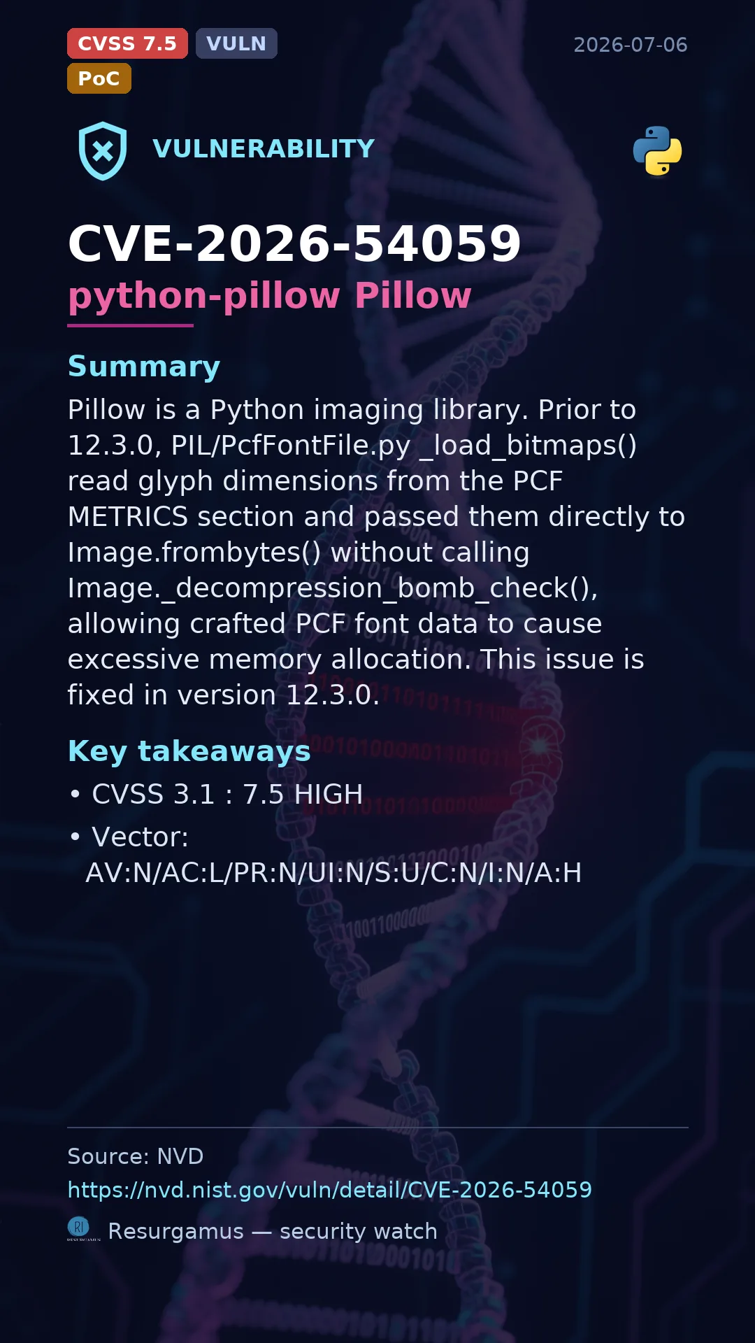 CVE-2026-54059 python-pillow Pillow Vulnerability