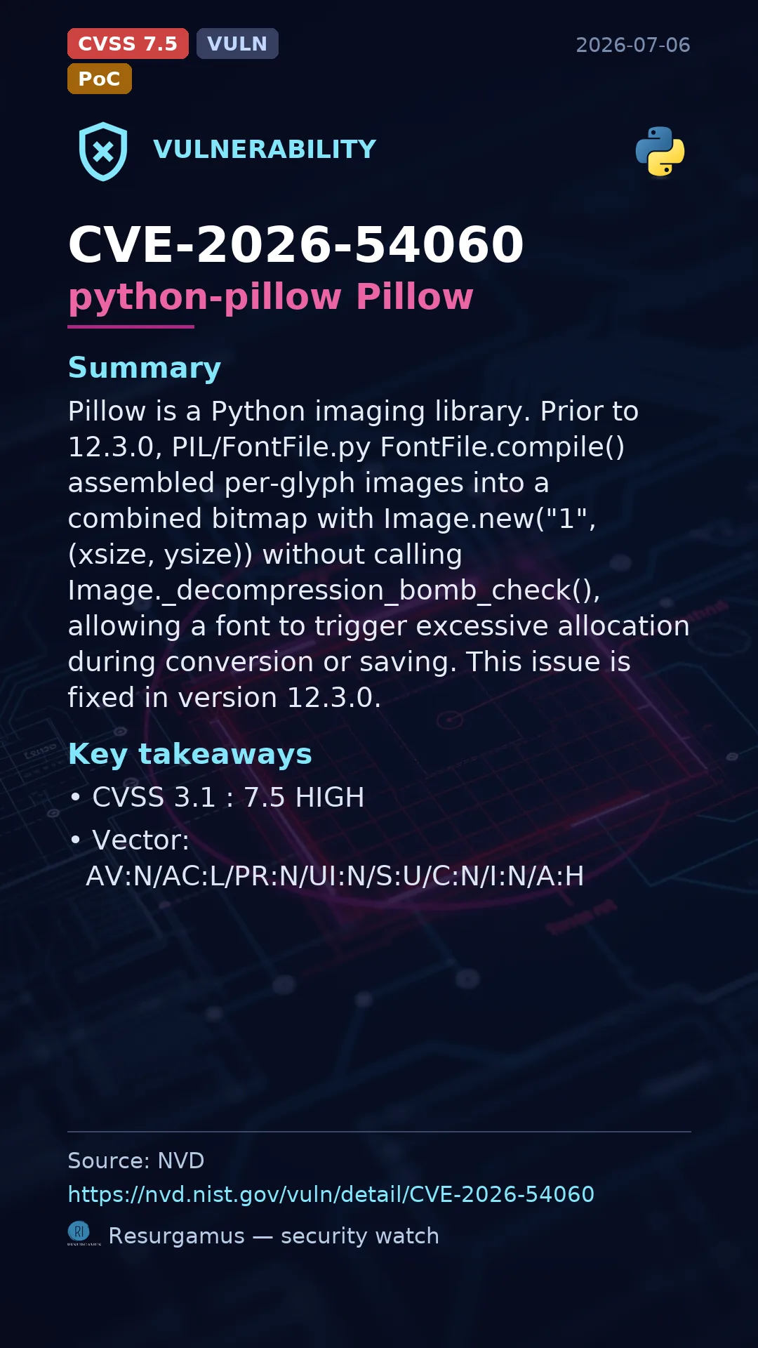 CVE-2026-54060 python-pillow Pillow Vulnerability