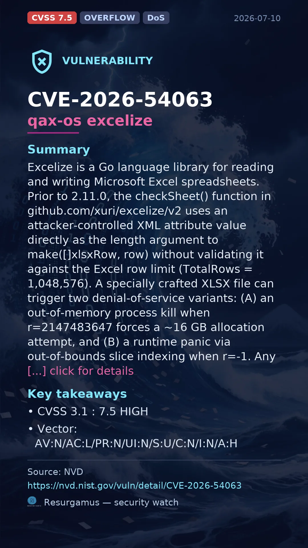 CVE-2026-54063 qax-os excelize Vulnerability