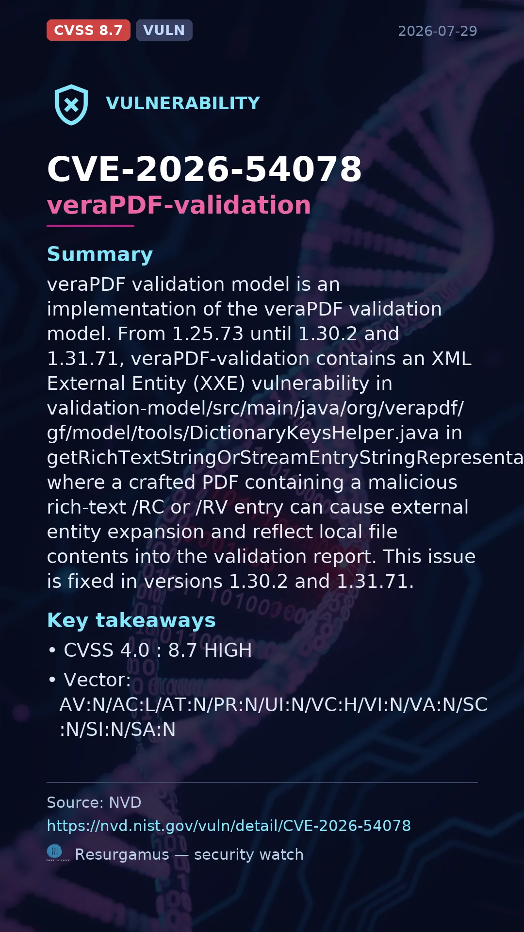 CVE-2026-54078 veraPDF-validation Vulnerability