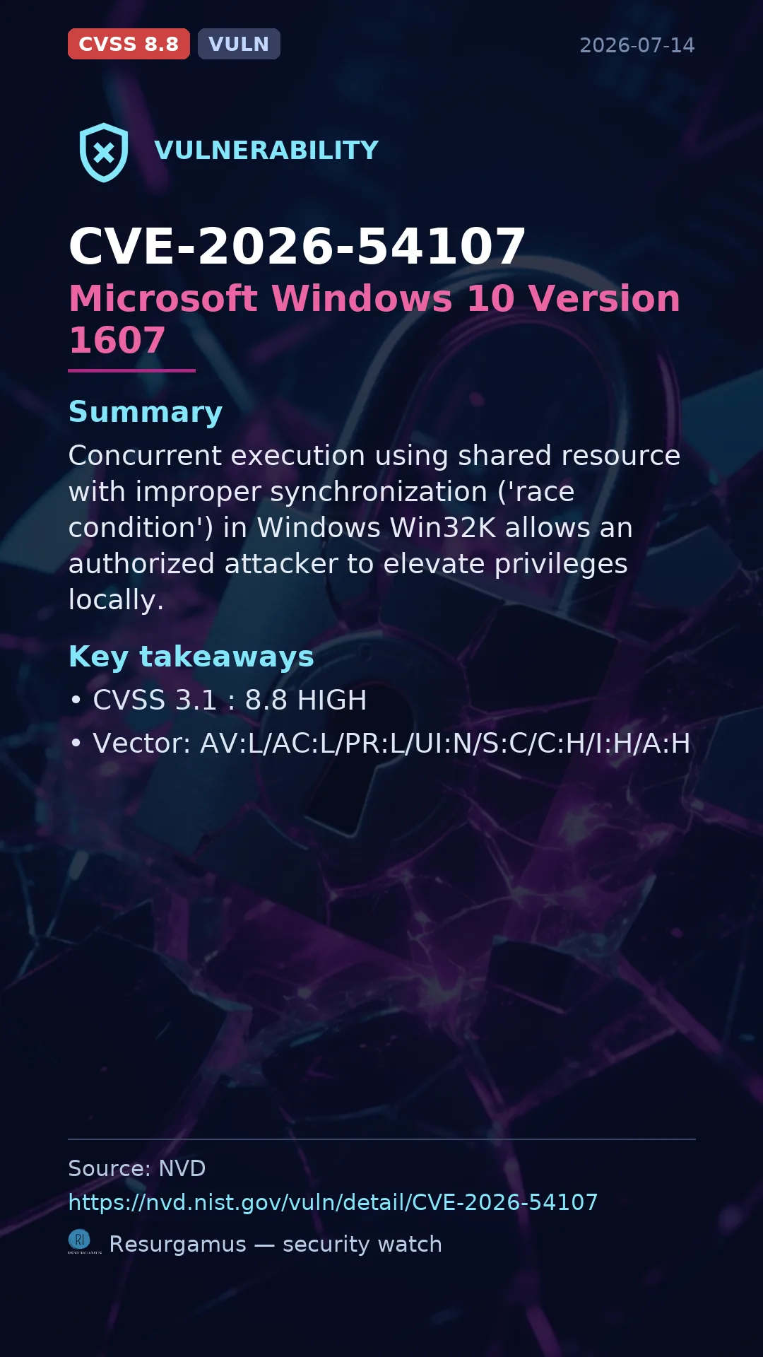 CVE-2026-54107 Microsoft Windows 10 Version 1607 Vulnerability