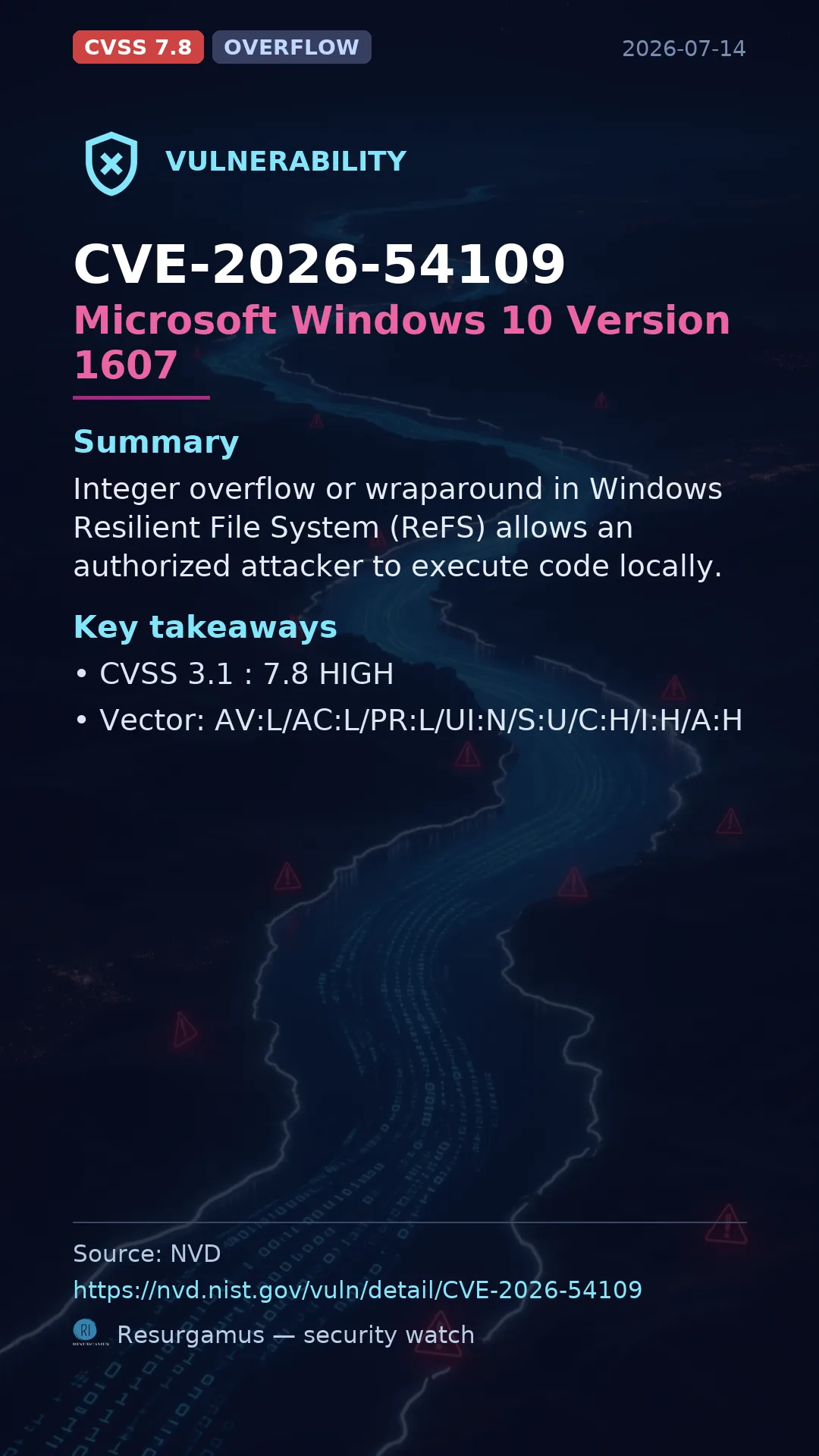 CVE-2026-54109 Microsoft Windows 10 Version 1607 Vulnerability