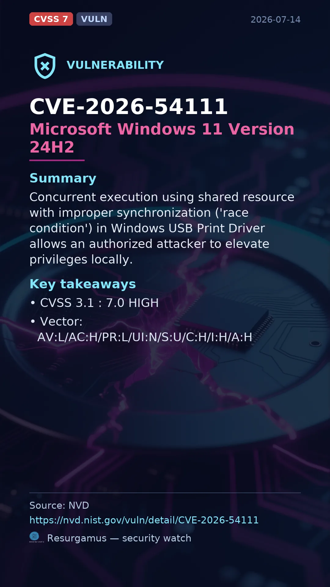 CVE-2026-54111 Microsoft Windows 11 Version 24H2 Vulnerability