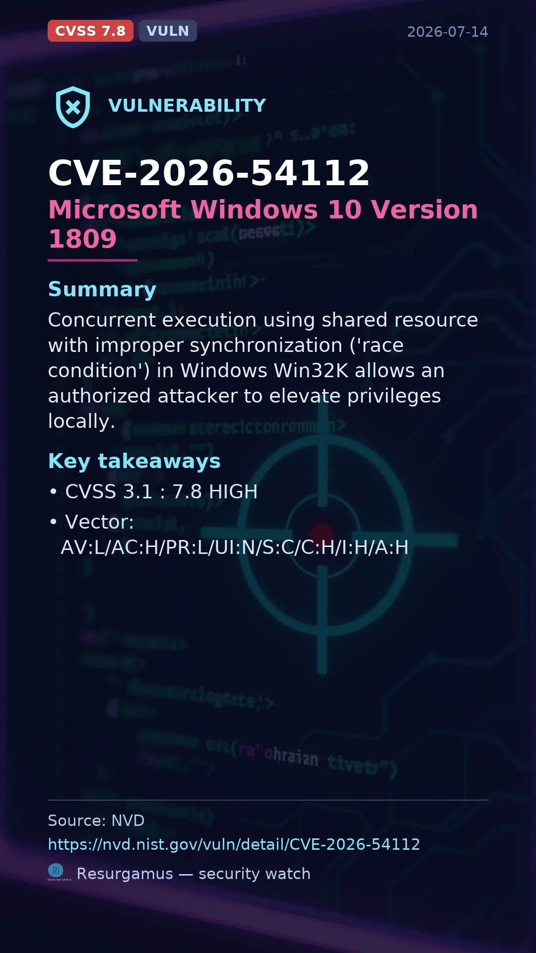 CVE-2026-54112 Microsoft Windows 10 Version 1809 Vulnerability