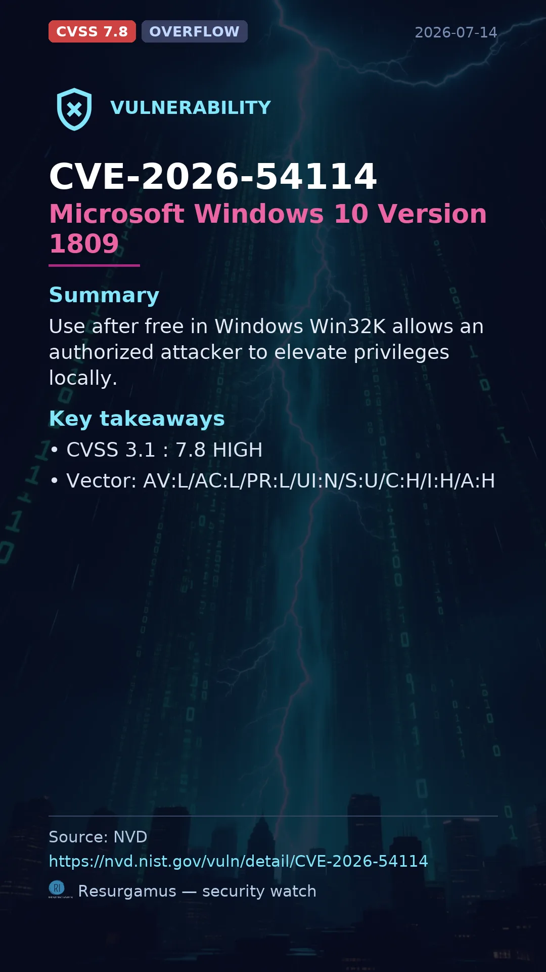 CVE-2026-54114 Microsoft Windows 10 Version 1809 Vulnerability
