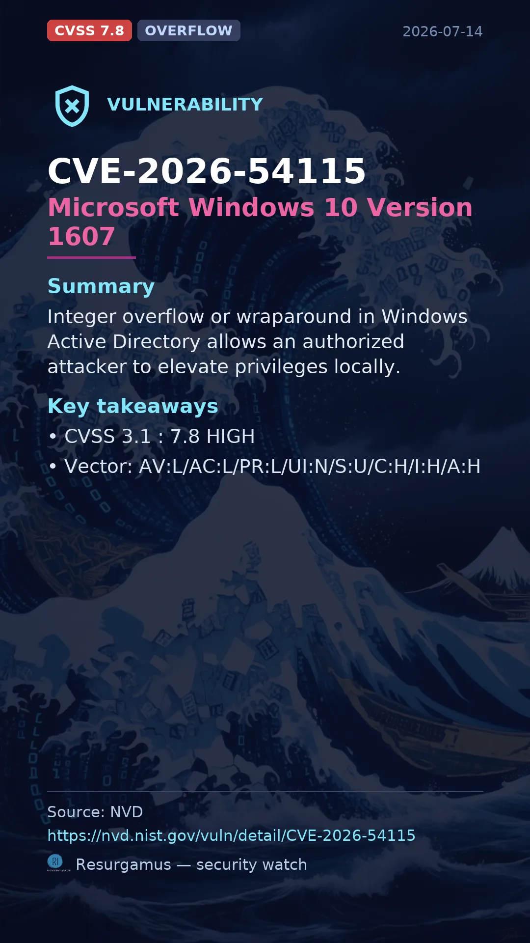 CVE-2026-54115 Microsoft Windows 10 Version 1607 Vulnerability
