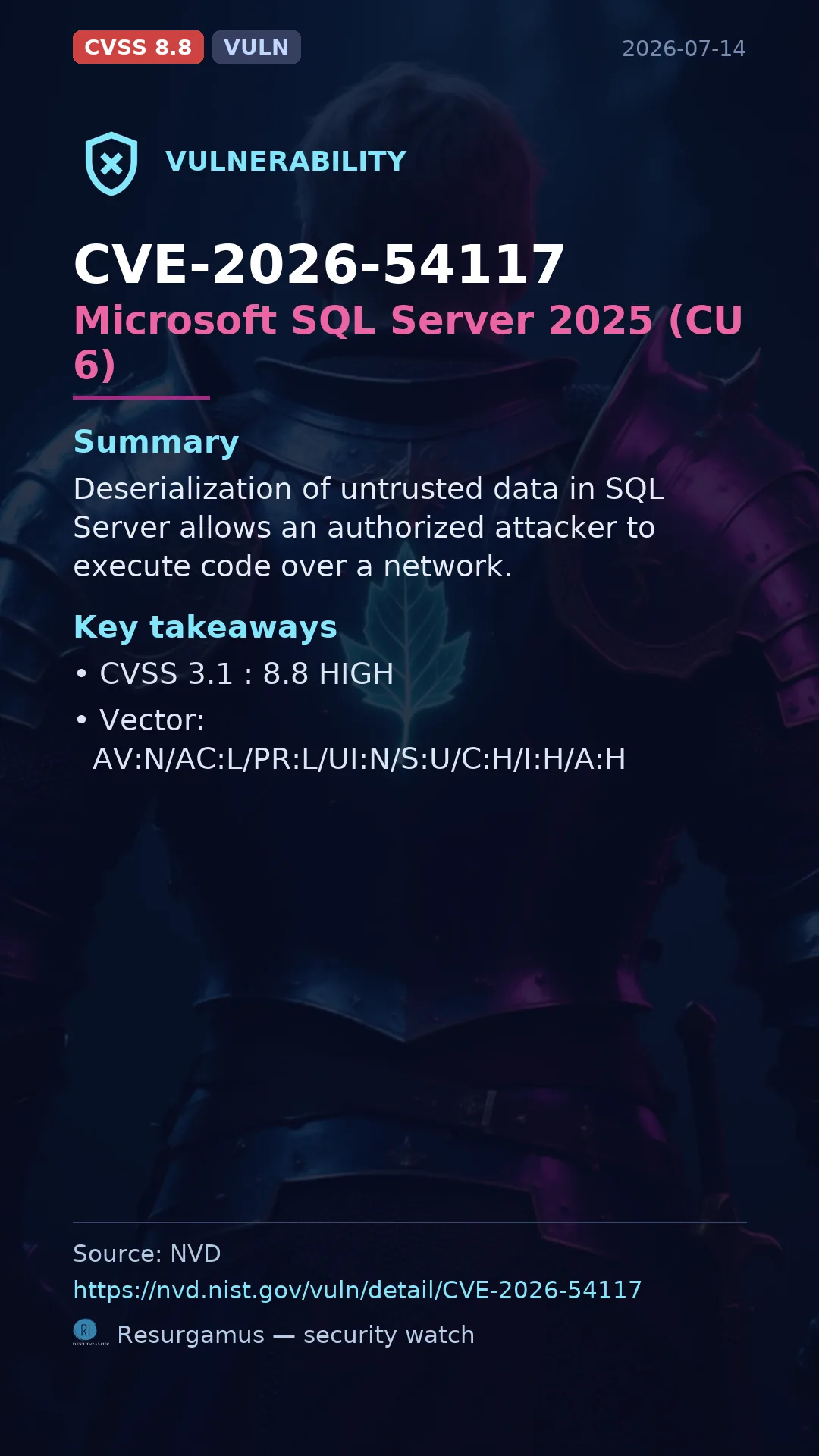 CVE-2026-54117 Microsoft SQL Server 2025 (CU 6) Vulnerability