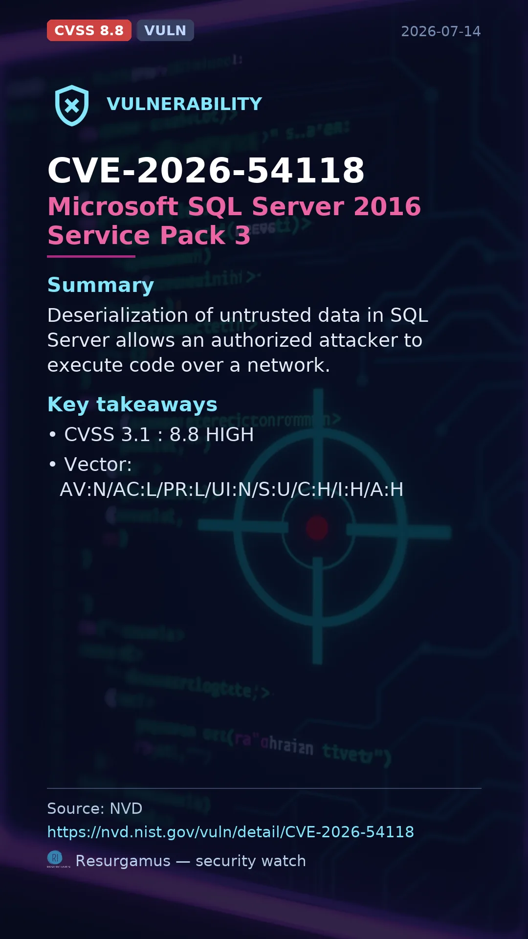 CVE-2026-54118 Microsoft SQL Server 2016 Service Pack 3 Vulnerability