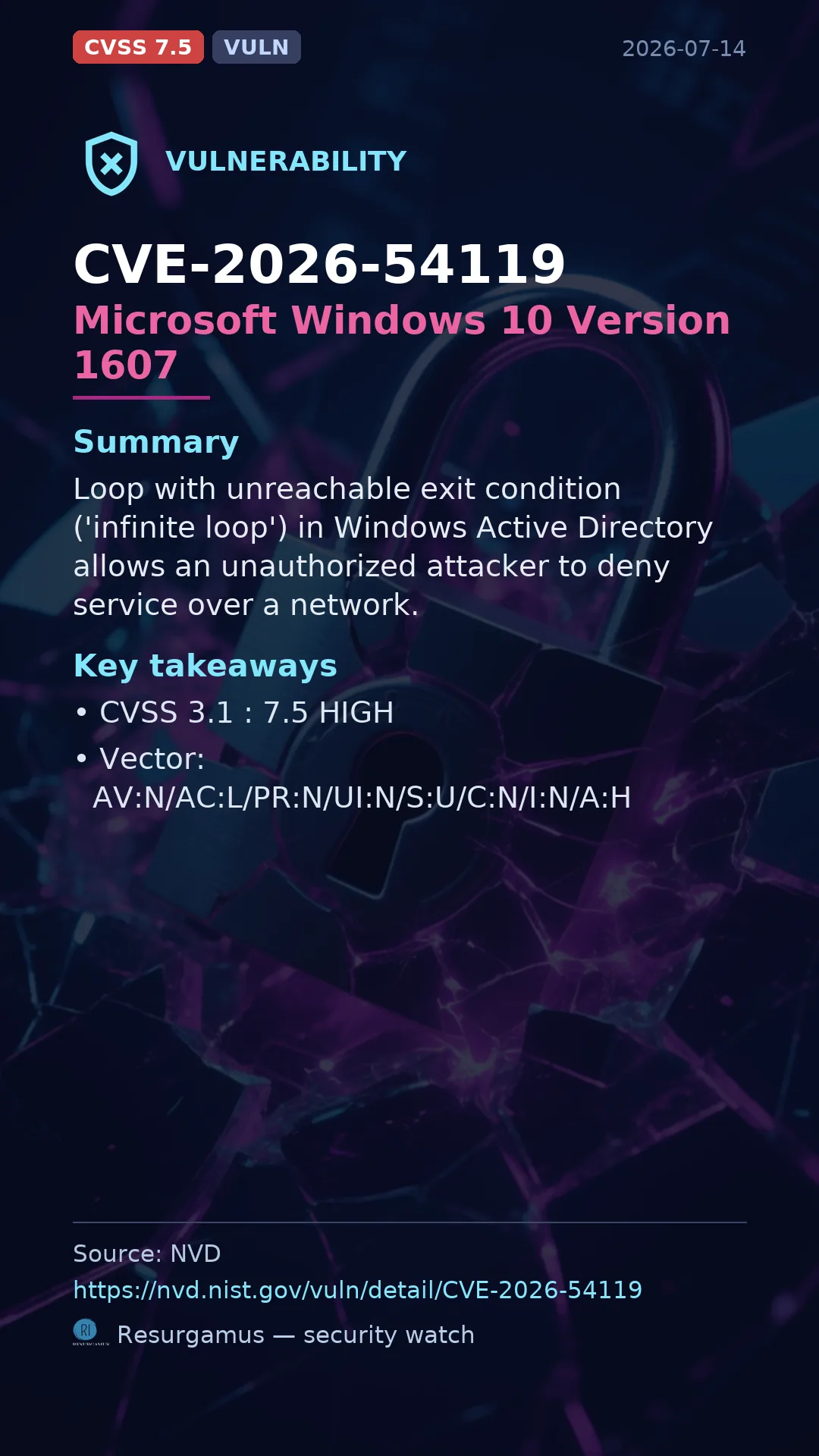 CVE-2026-54119 Microsoft Windows 10 Version 1607 Vulnerability