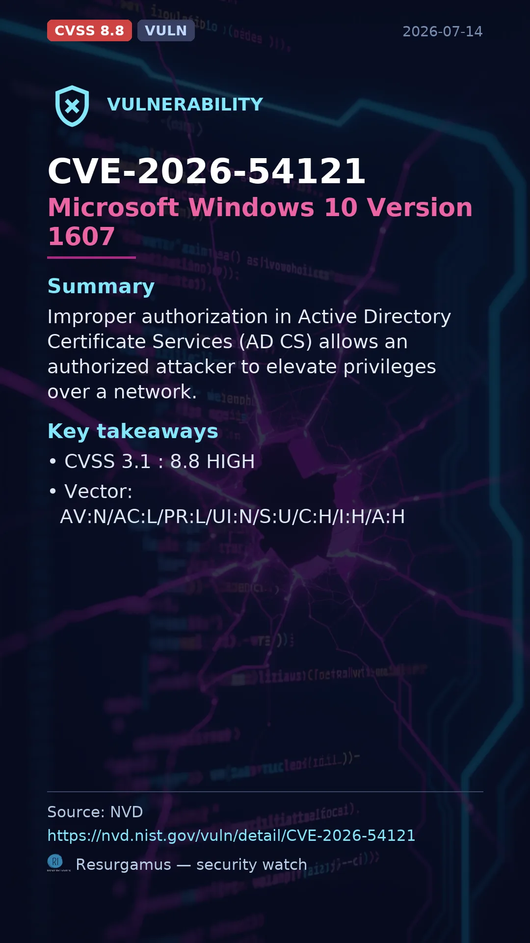 CVE-2026-54121 Microsoft Windows 10 Version 1607 Vulnerability