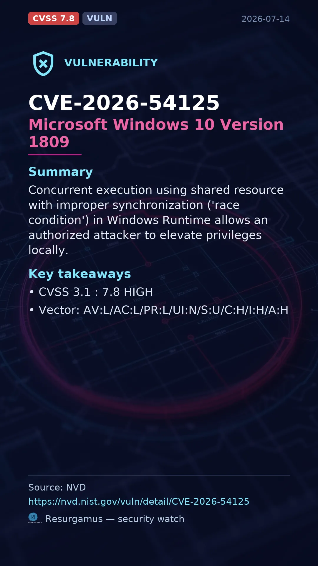 CVE-2026-54125 Microsoft Windows 10 Version 1809 Vulnerability