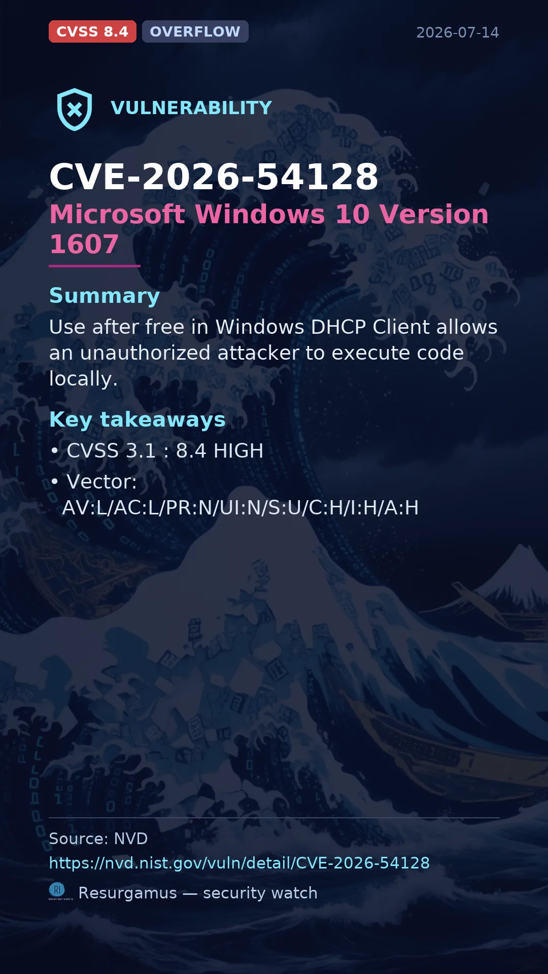 CVE-2026-54128 Microsoft Windows 10 Version 1607 Vulnerability