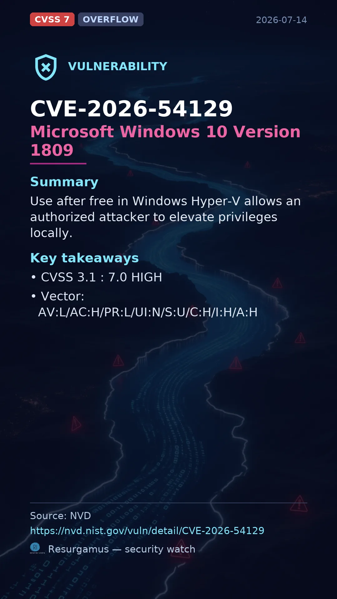 CVE-2026-54129 Microsoft Windows 10 Version 1809 Vulnerability