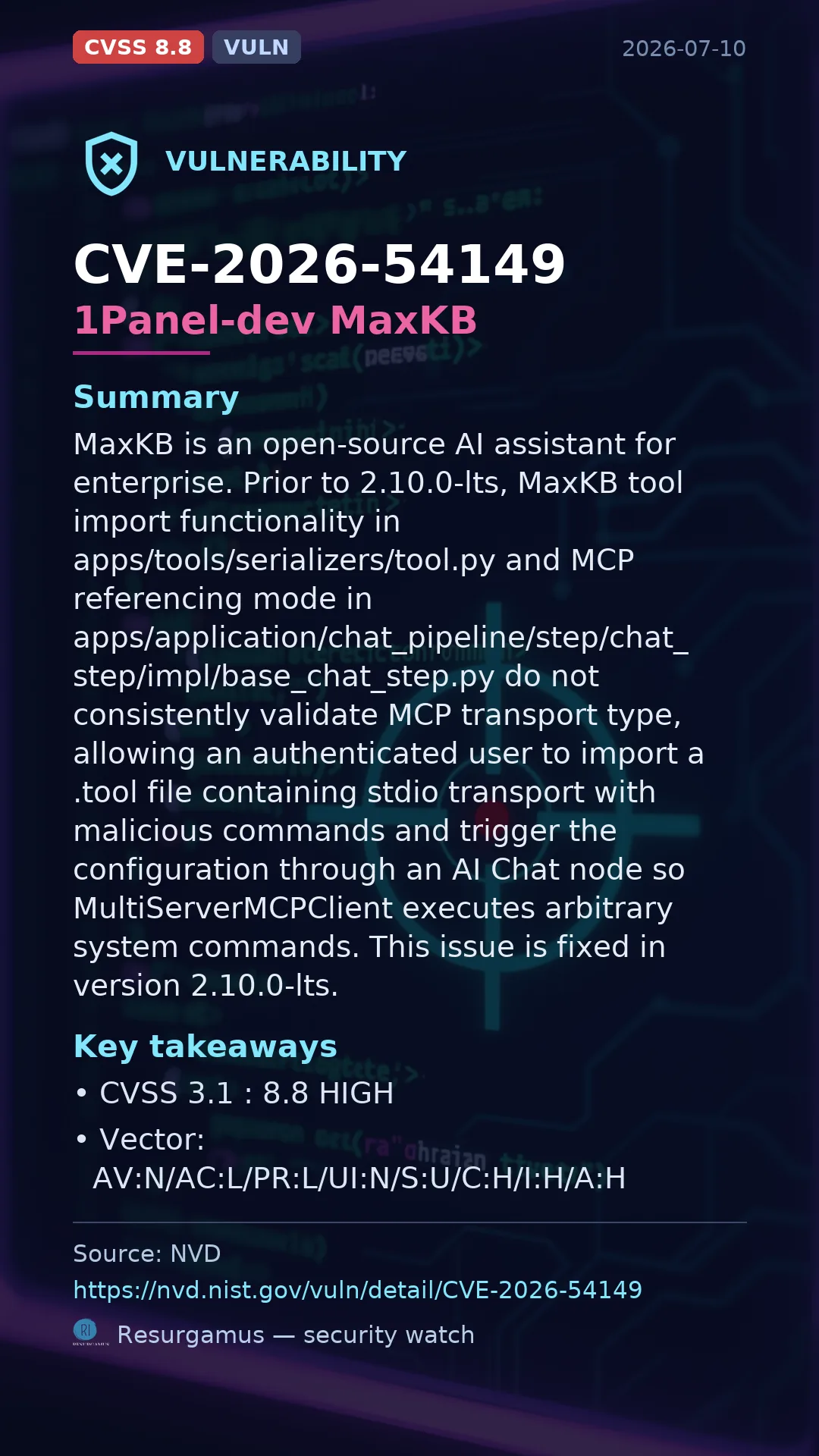 CVE-2026-54149 1Panel-dev MaxKB Vulnerability