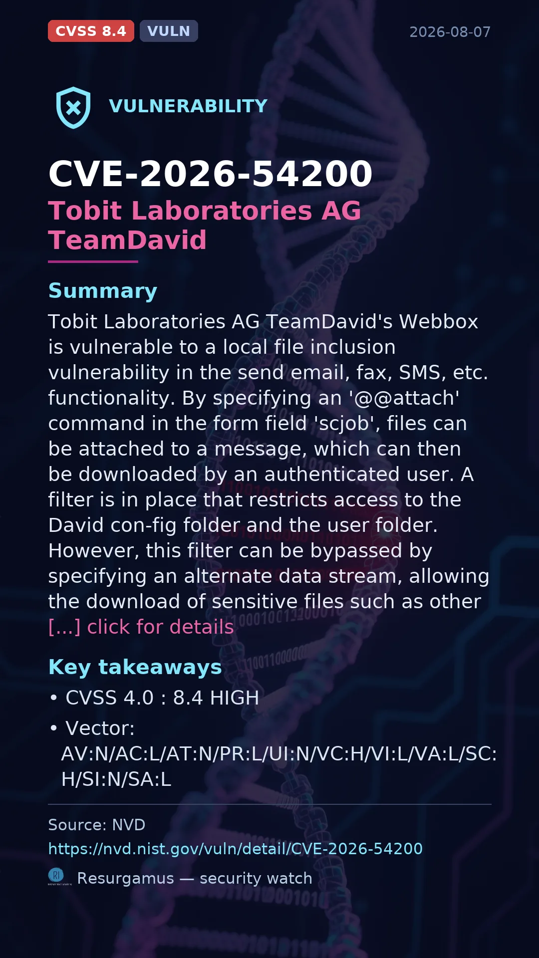 CVE-2026-54200 Tobit Laboratories AG TeamDavid Vulnerability