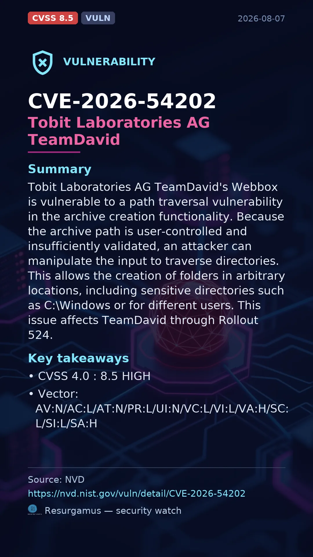 CVE-2026-54202 Tobit Laboratories AG TeamDavid Vulnerability