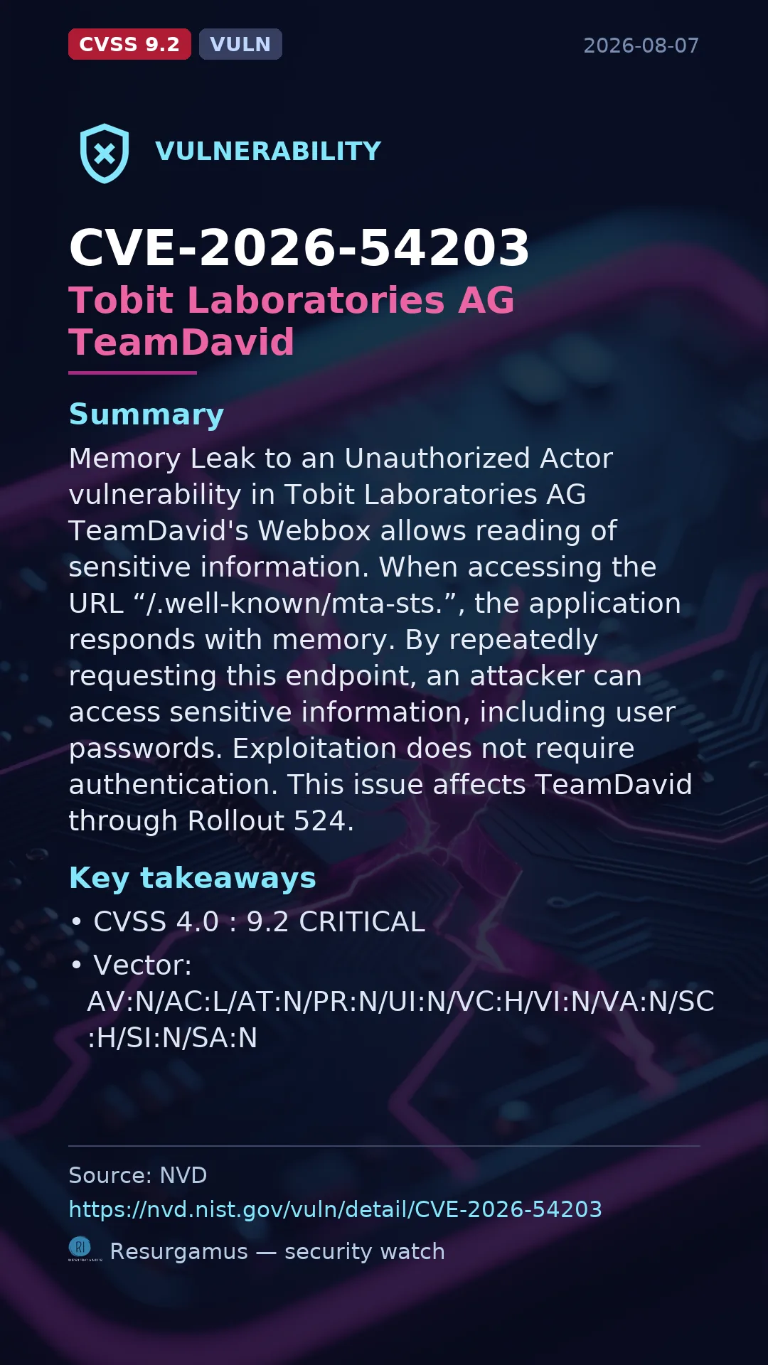 CVE-2026-54203 Tobit Laboratories AG TeamDavid Vulnerability