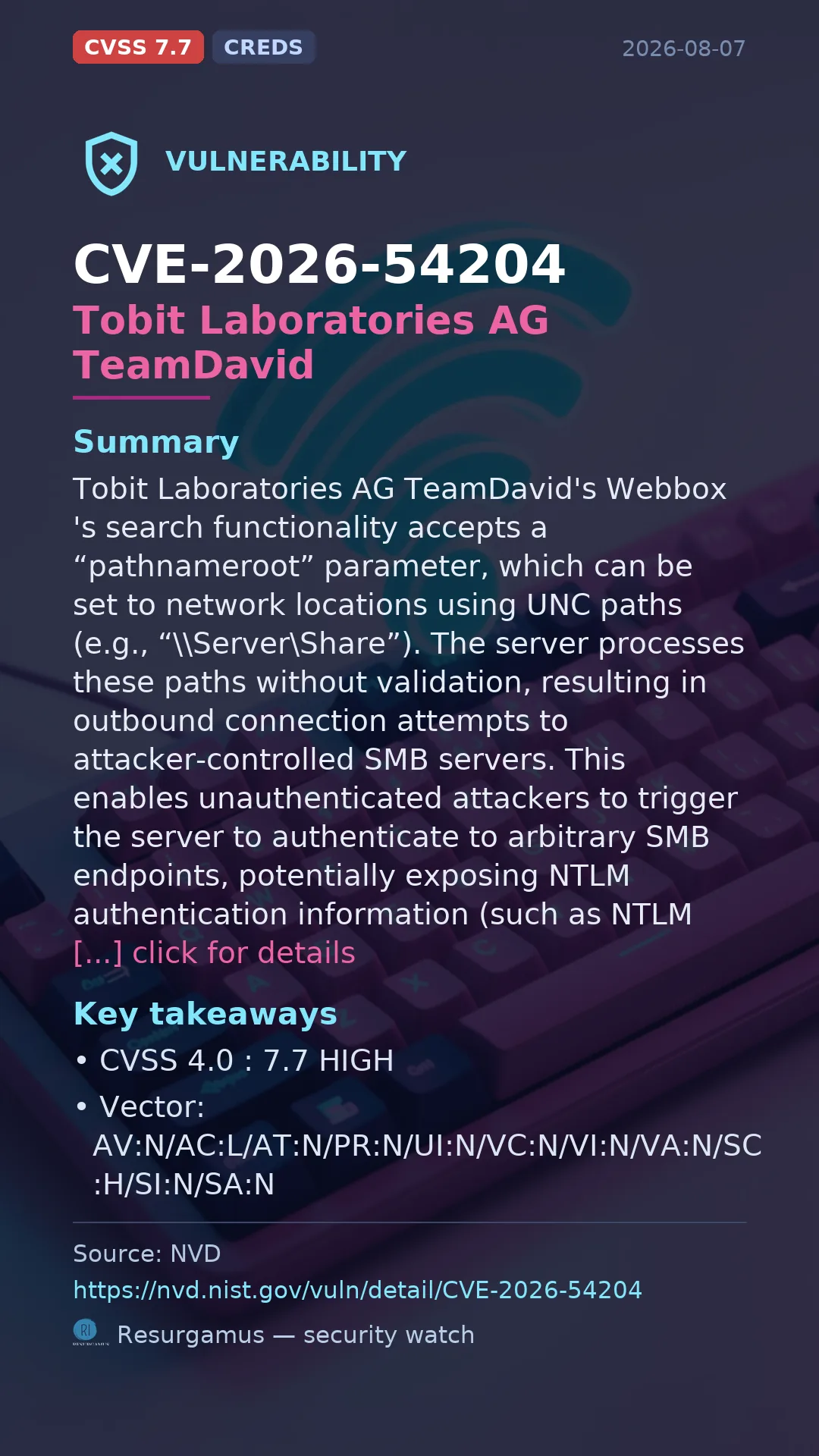 CVE-2026-54204 Tobit Laboratories AG TeamDavid Vulnerability